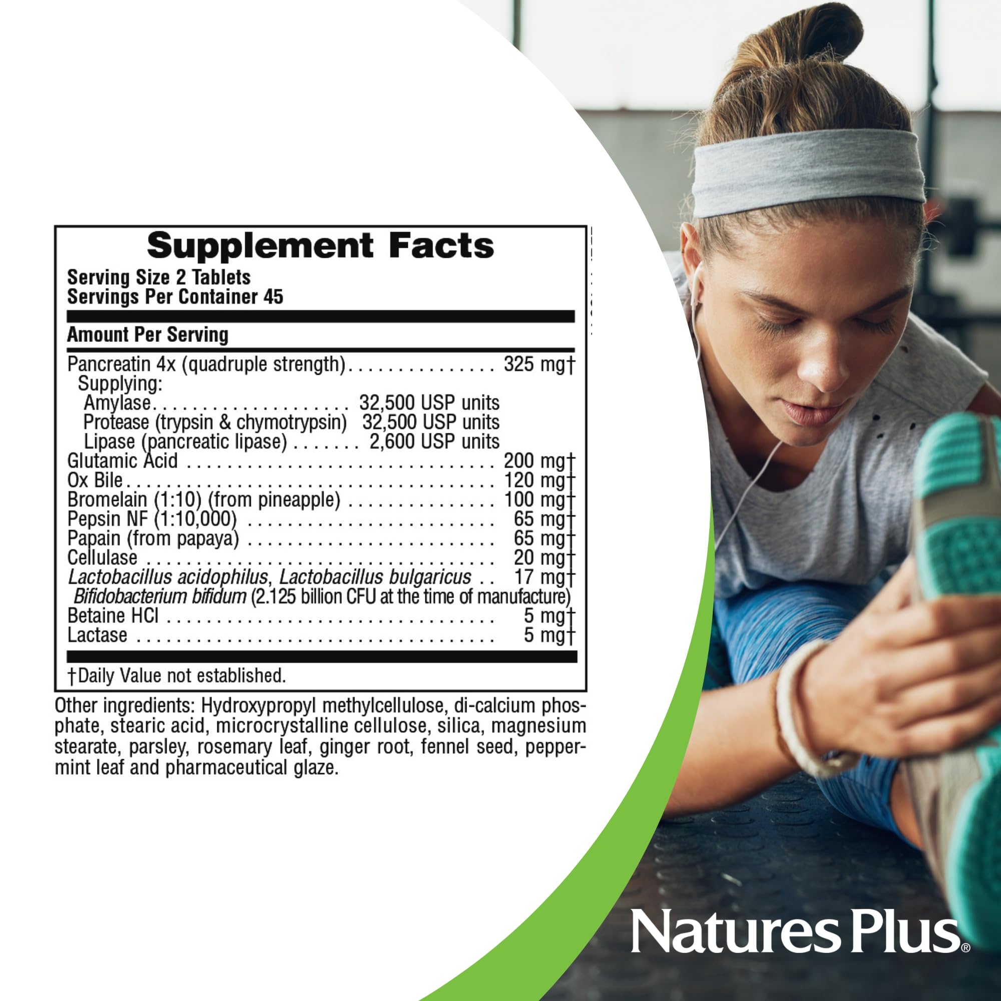 NaturesPlus Ultra-Zyme comparación de tamaño con moneda, referencia de porciones