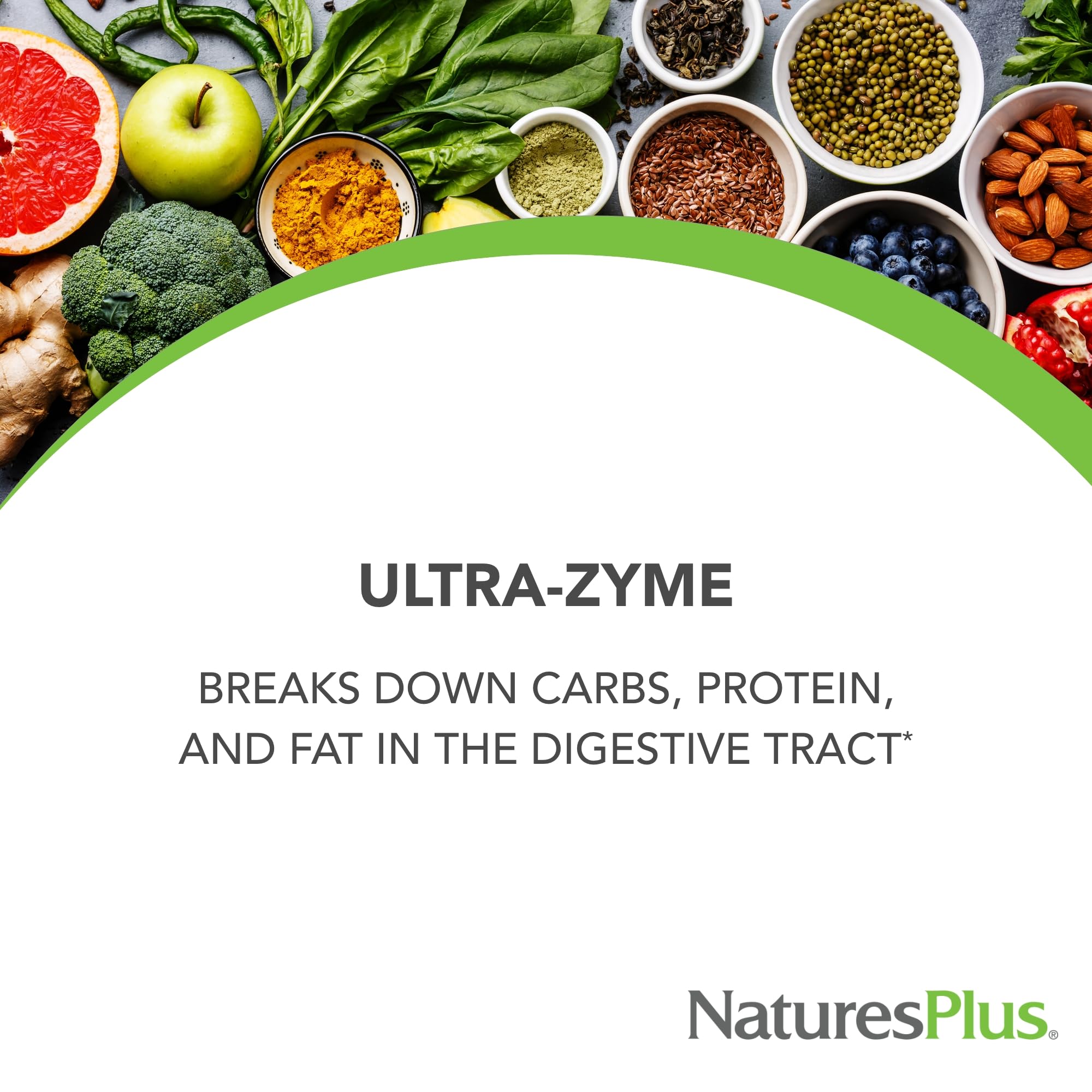 NaturesPlus Ultra-Zyme primer plano de una tableta, evidencia de recubrimiento funcional