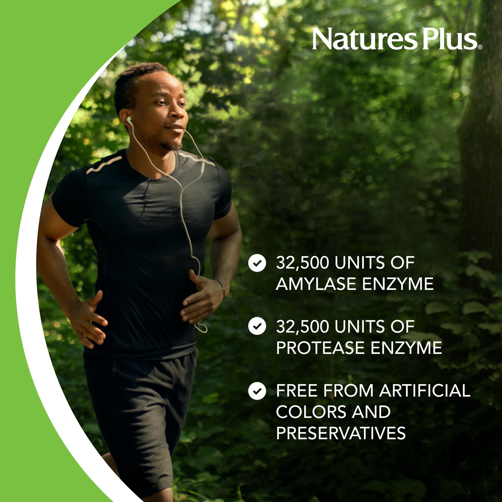 NaturesPlus Ultra-Zyme frasco junto a platos, uso durante comidas para digestión