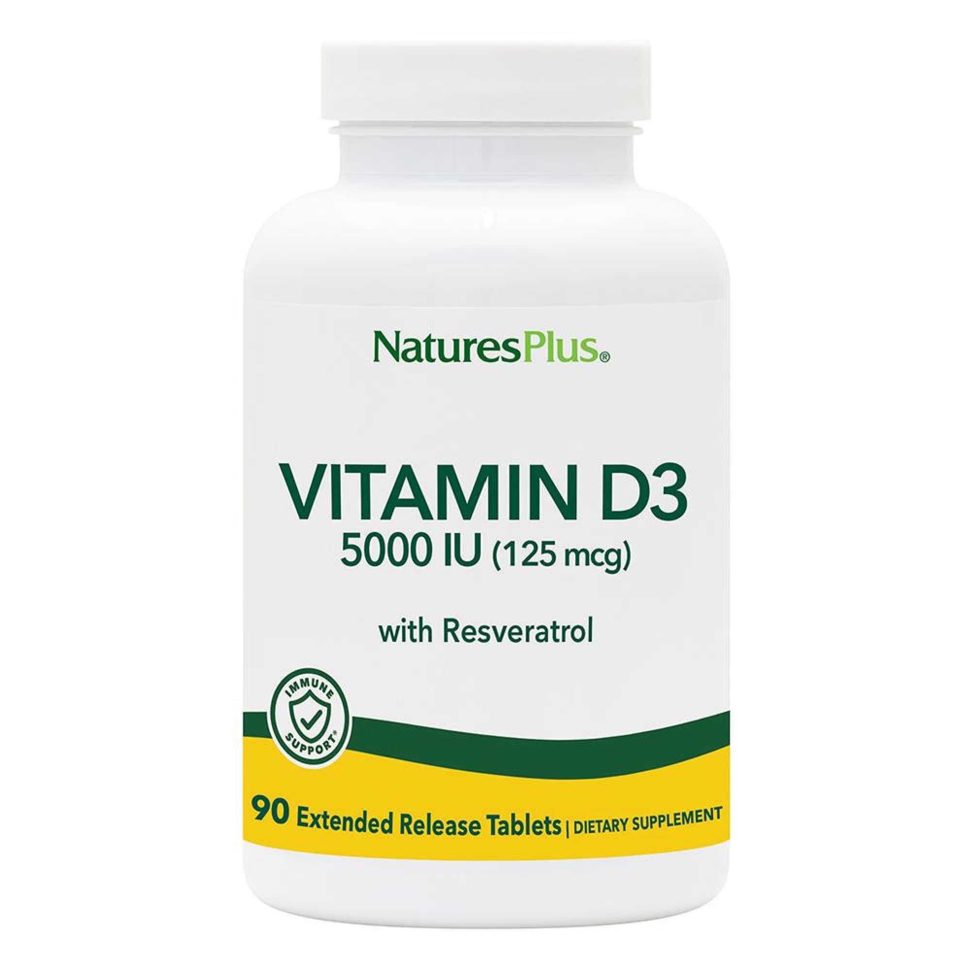 NaturesPlus botella frontal mostrando suplemento D3 y beneficios diarios
