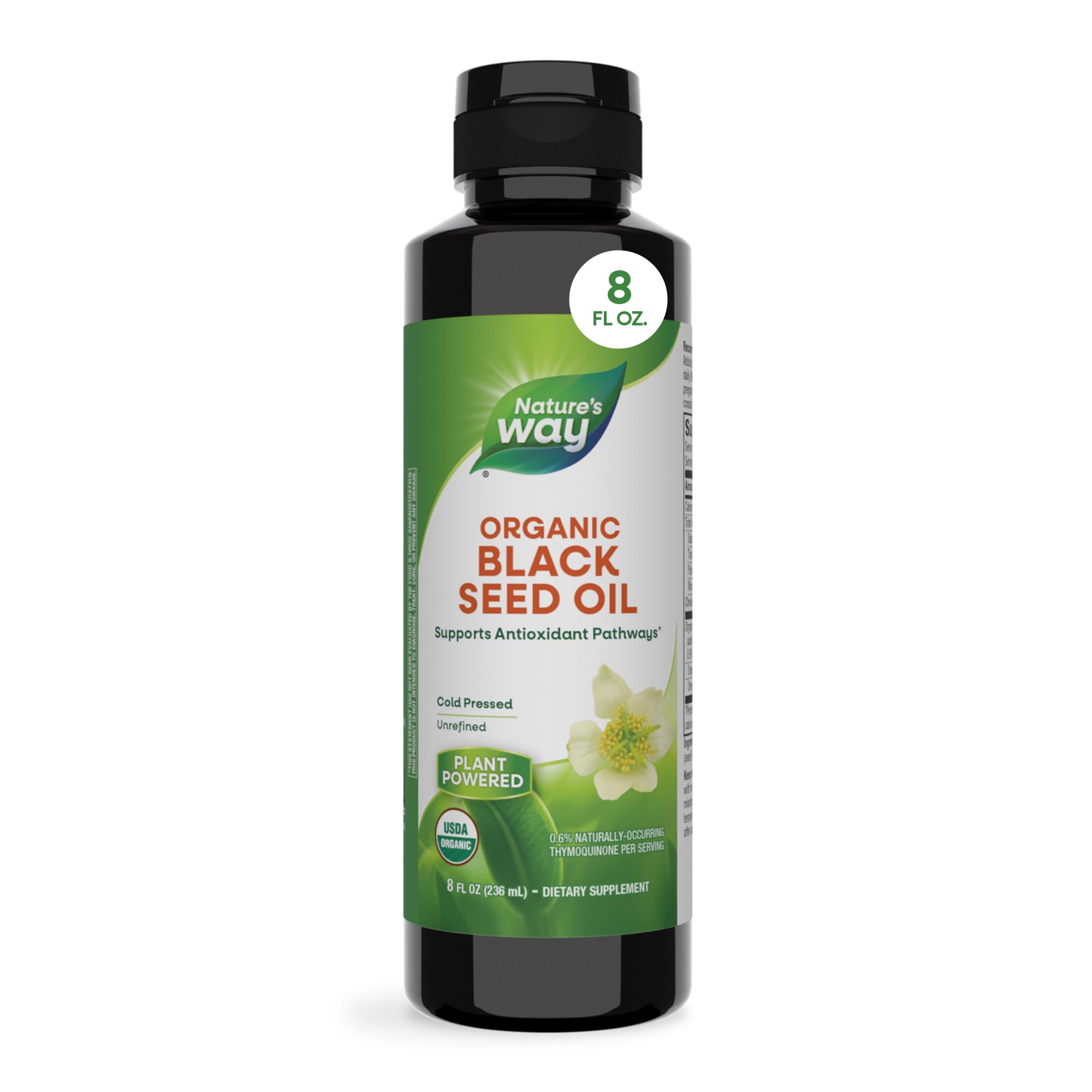 Nature's Way botella frontal del aceite de semilla negra mostrando la etiqueta y tamaño