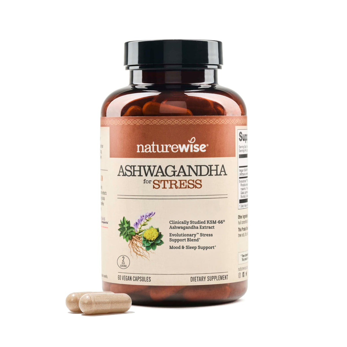 NatureWise botella frontal con etiqueta clara y beneficio de manejo del estrés