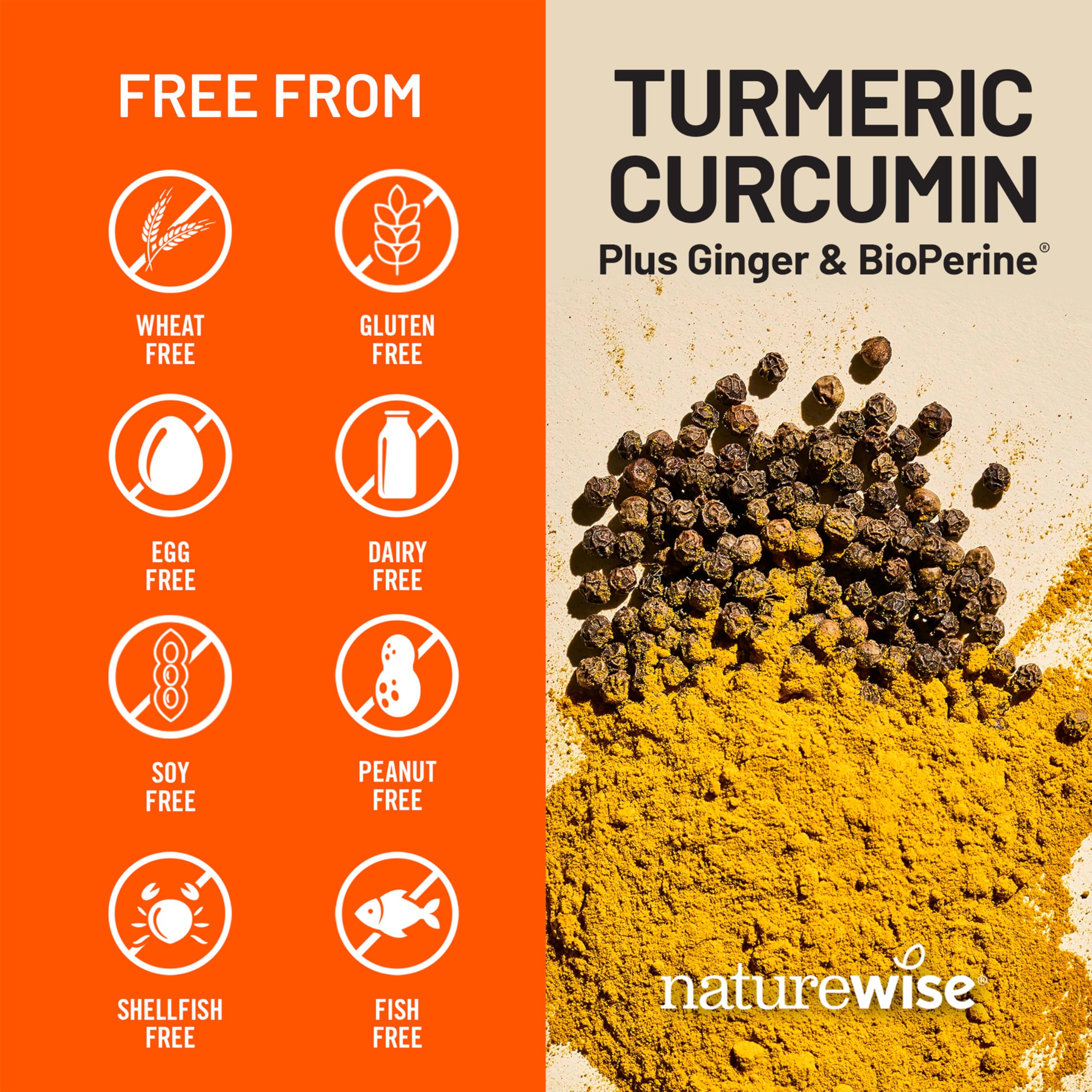 NatureWise raíz de cúrcuma y jengibre orgánico simulando sinergia