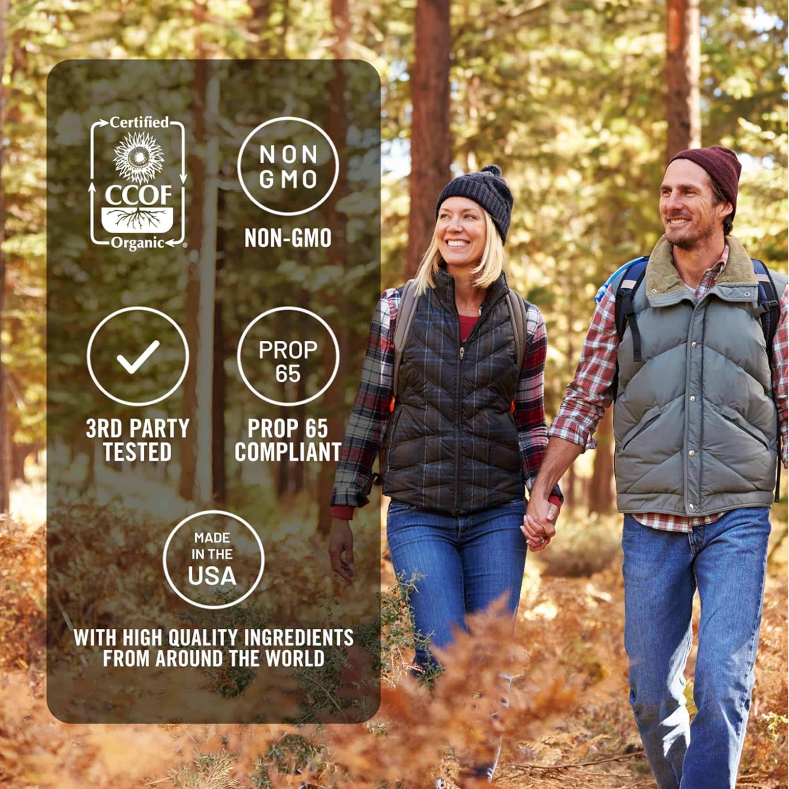 NatureWise etiqueta con certificaciones CCOF y pruebas de calidad