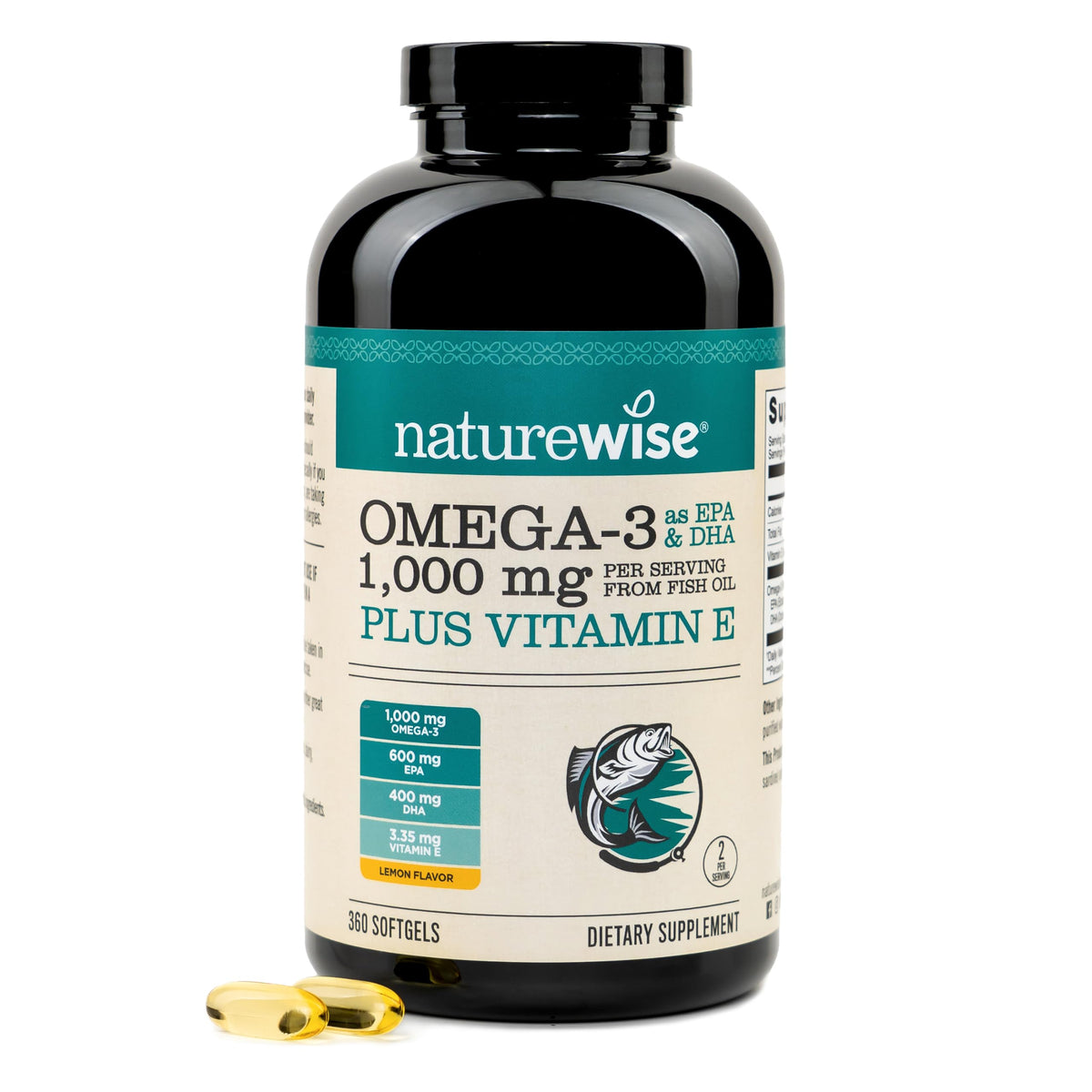 NatureWise frasco frontal mostrando 360 softgels y beneficio de suministro prolongado