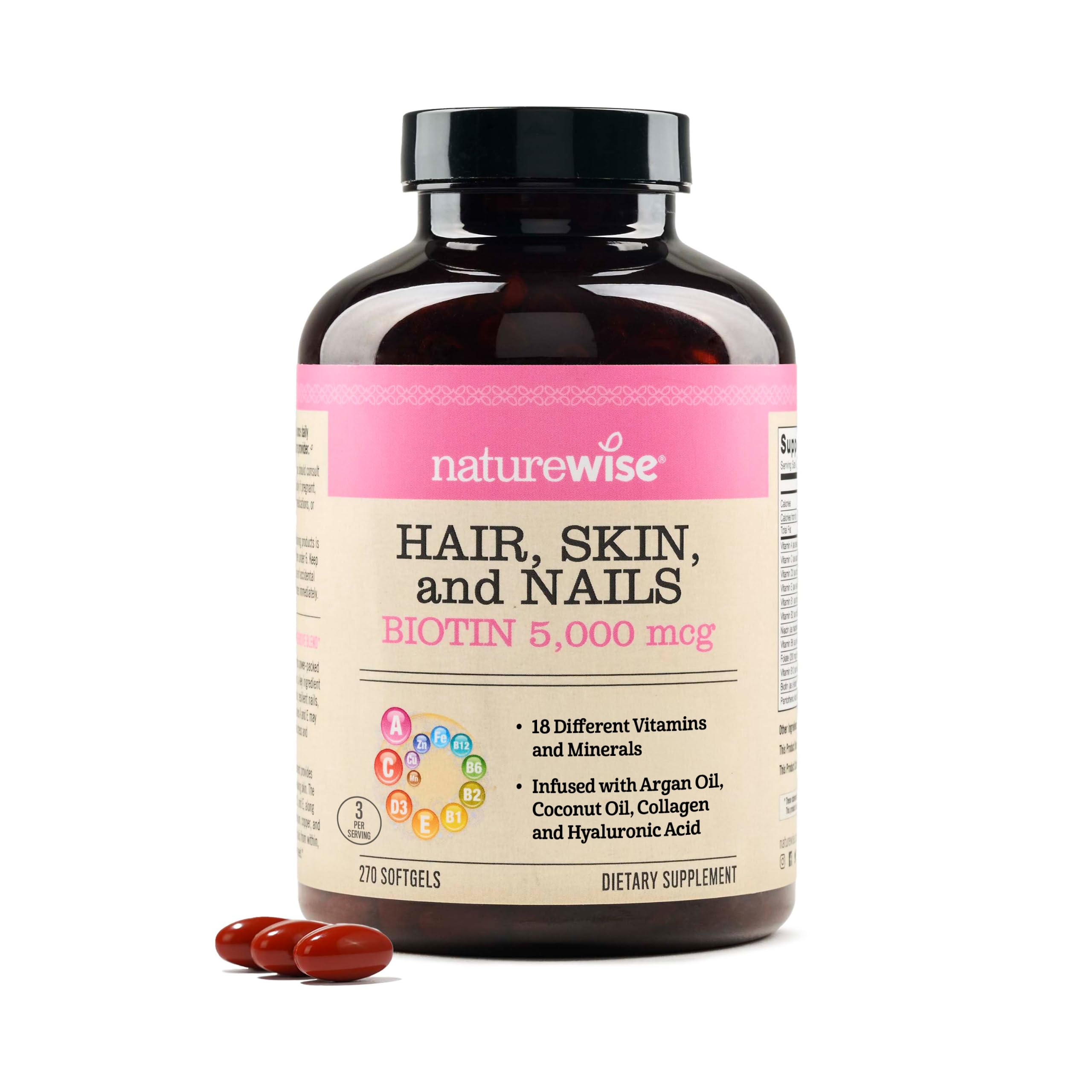 NatureWise frasco frontal mostrando 270 softgels y beneficios visibles