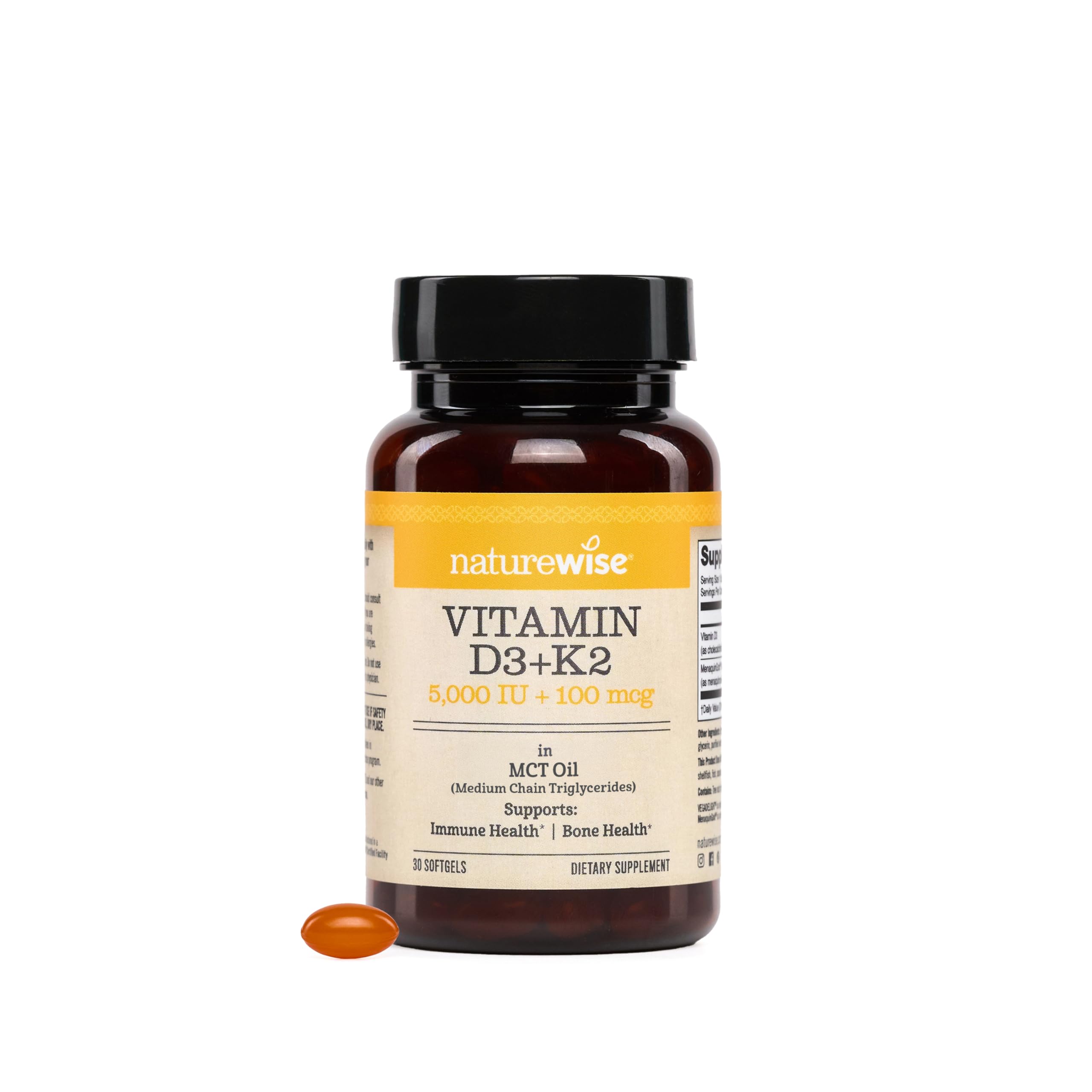 NatureWise envase frontal mostrando D3 y K2 vegano y beneficios