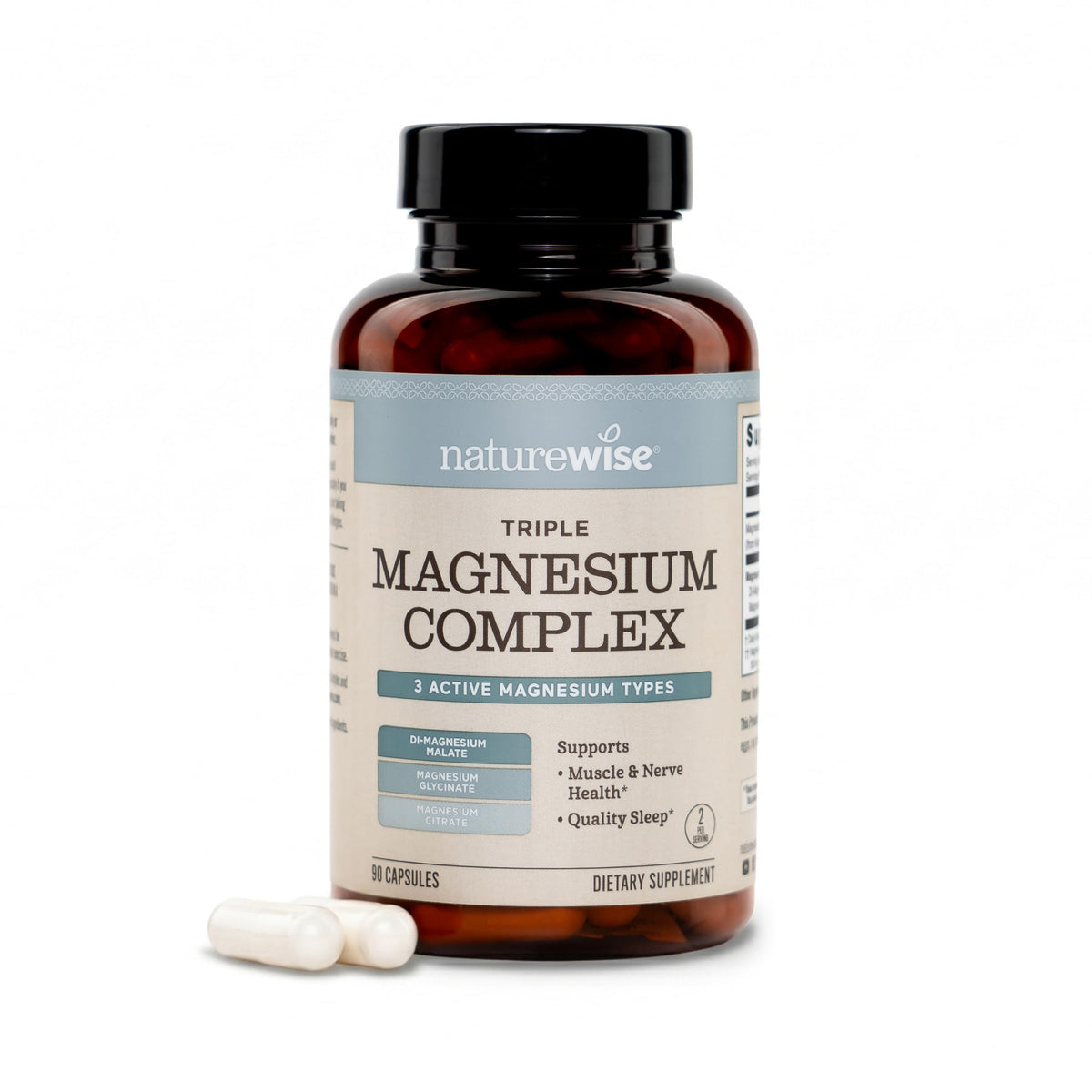 NatureWise envase frontal de Triple Magnesium Complex mostrando etiqueta clara y beneficios