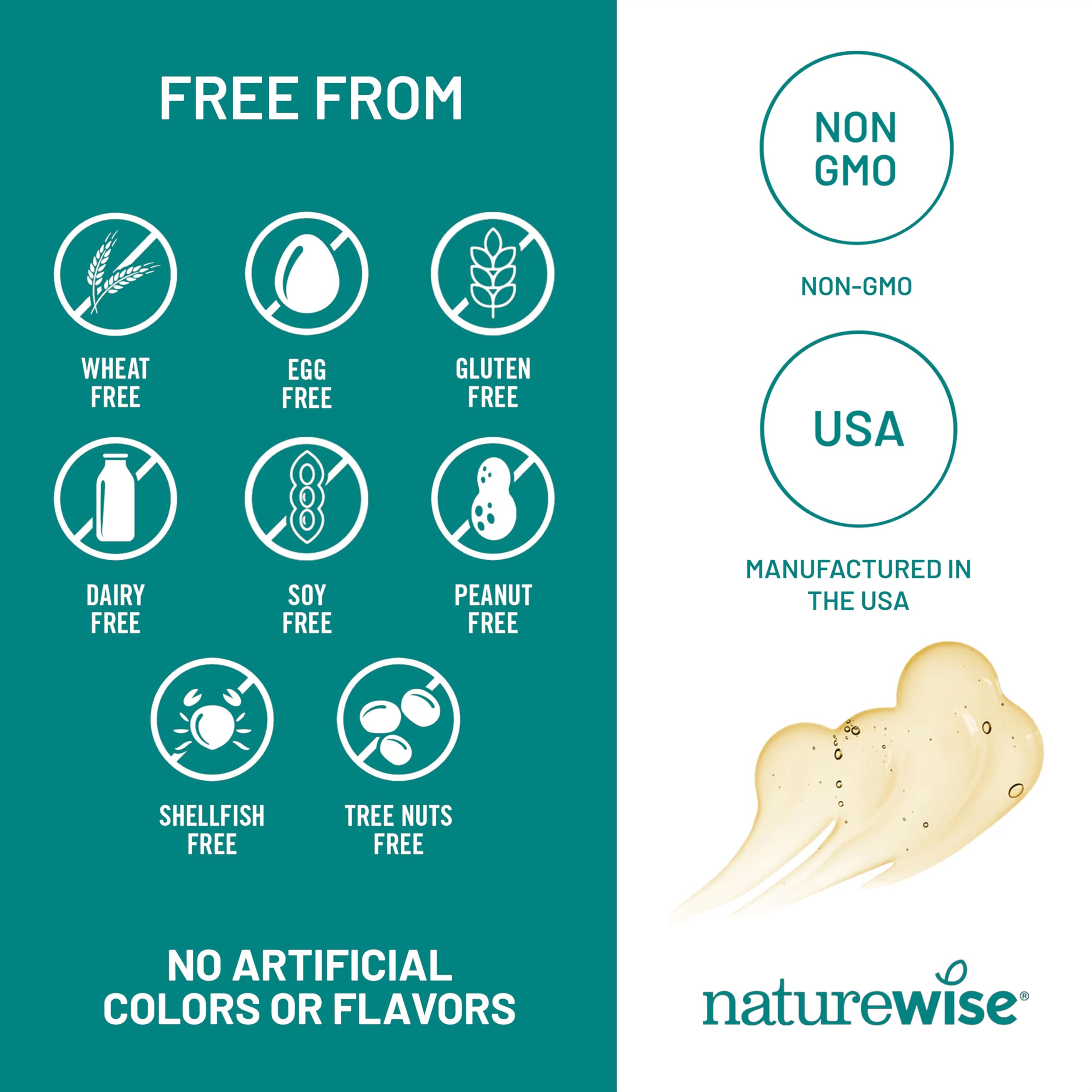 NatureWise lista de ingredientes en la etiqueta destacando ausencia de gluten y soja