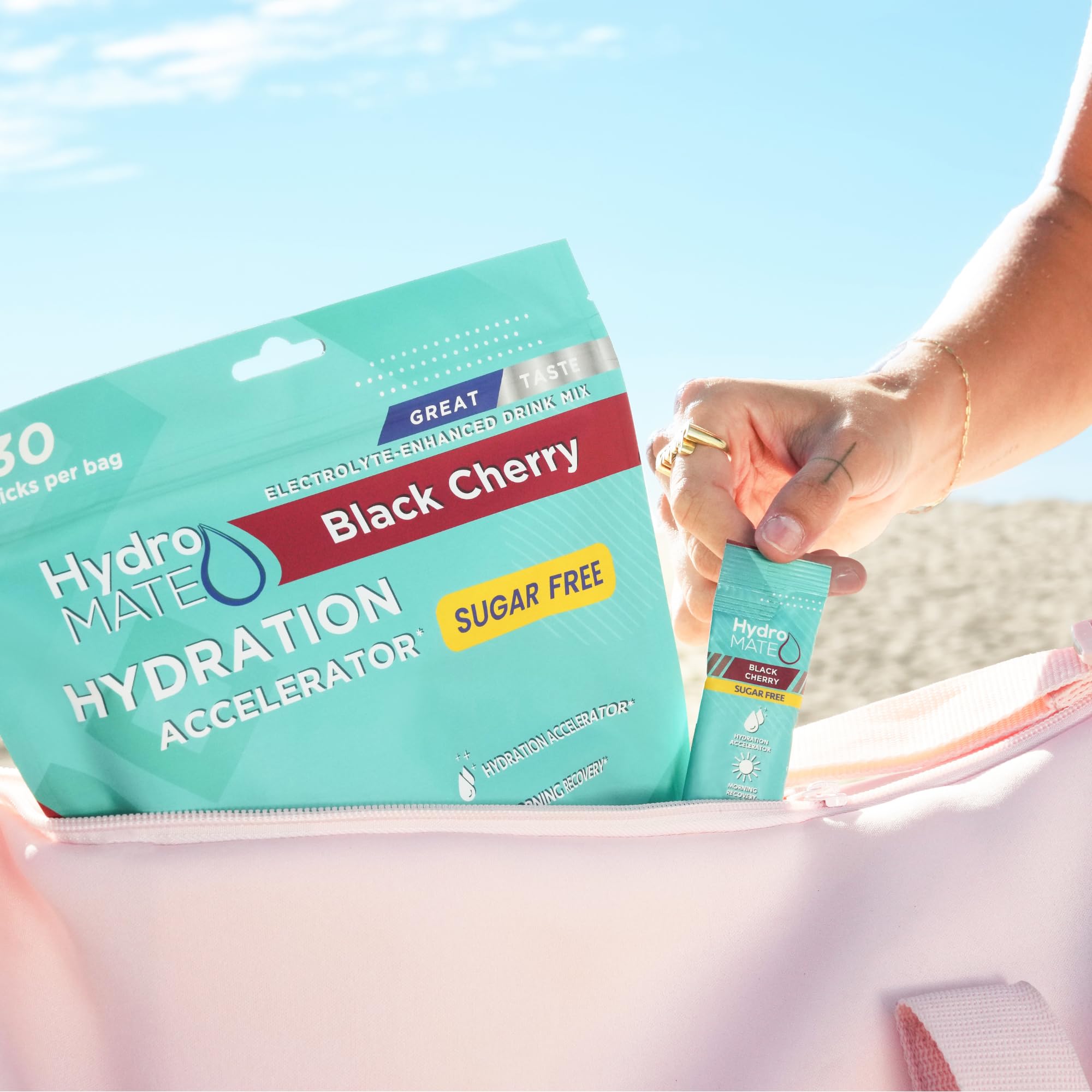NatureWorks HydroMATE comparación de tamaño con una mano, sobres individuales fáciles de llevar