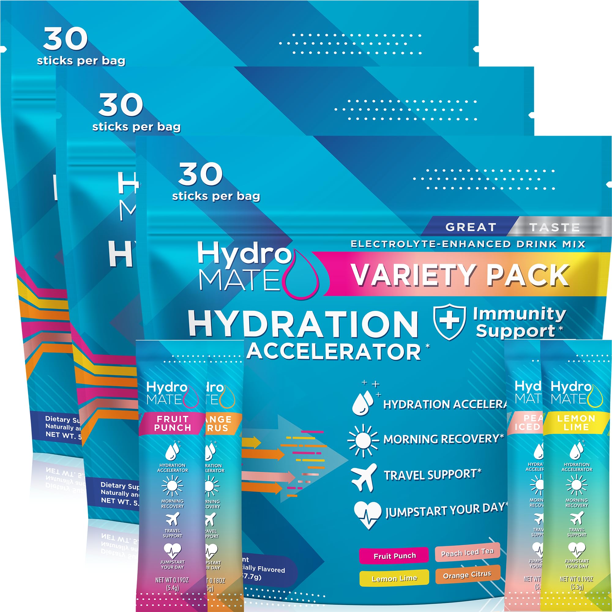 NatureWorks HydroMATE frente del empaque mostrando 90 sobres y portabilidad
