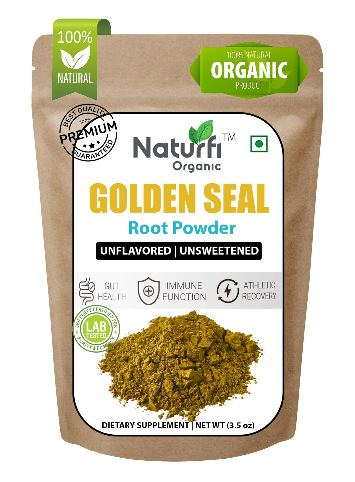 Naturfi Organic empaque frontal mostrando 3,5 oz y 100 porciones, confianza de marca