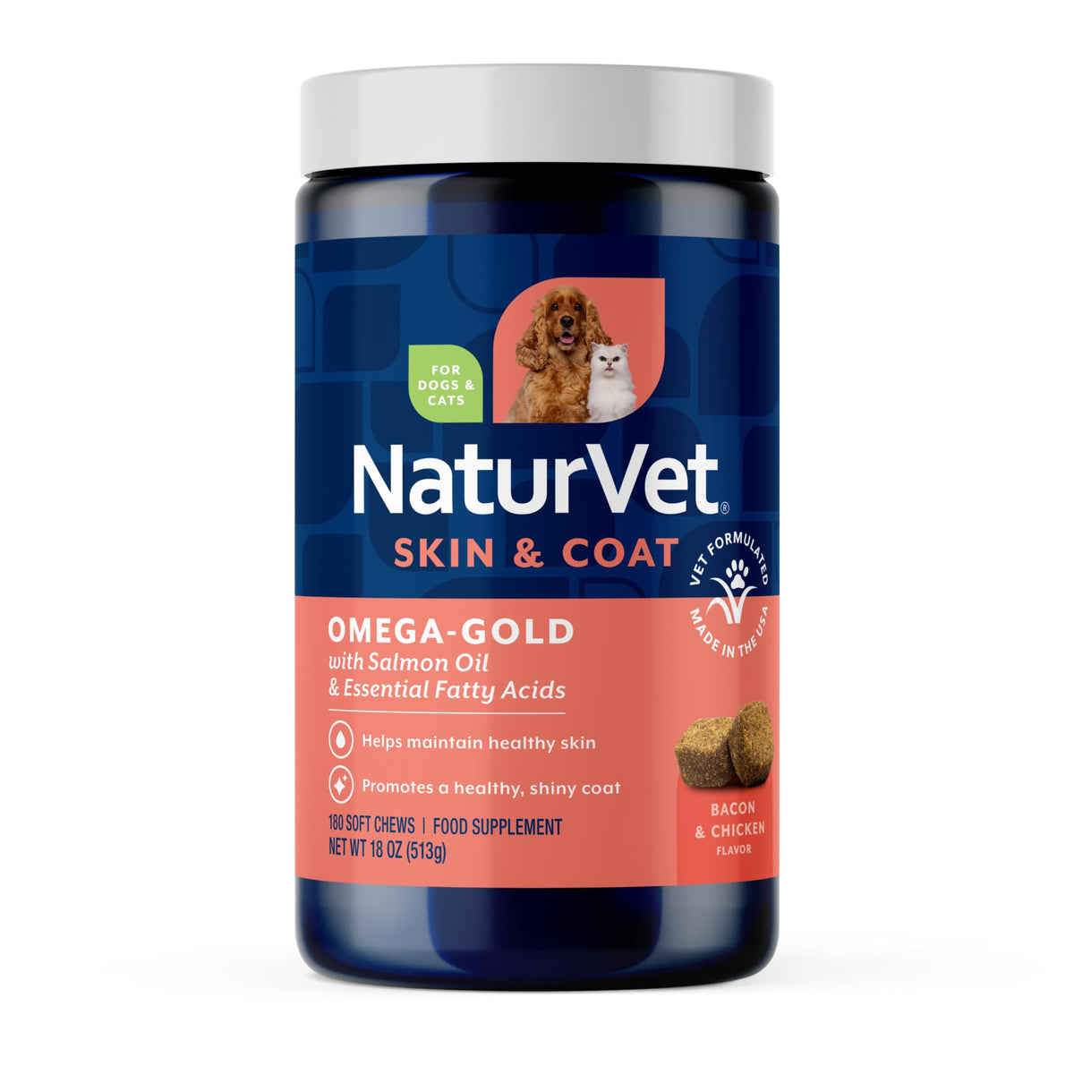 NaturVet envase frontal mostrando 180 masticables y beneficios visibles