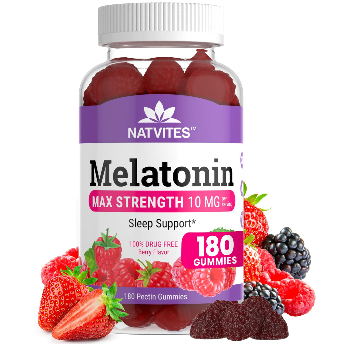 Natvites botella frontal mostrando 180 gomitas y envase claro, confianza y cantidad