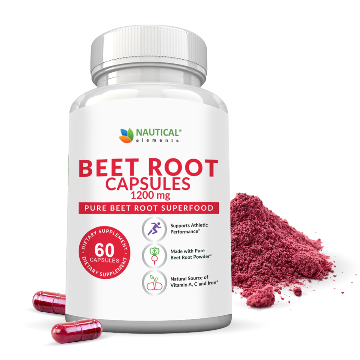 Nautical Elements frasco frontal de Beet Root Capsules mostrando diseño y cantidad