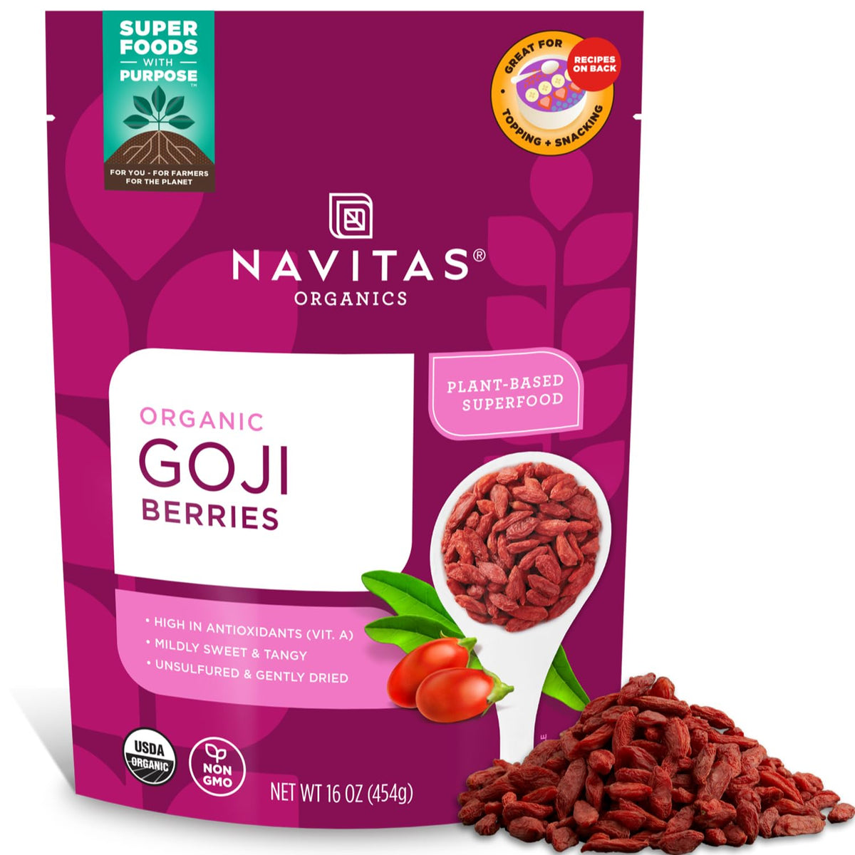 Navitas Organics, empaque frontal de bayas de goji mostrando tamaño y certificaciones