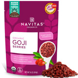 Navitas Organics, empaque frontal de bayas de goji mostrando tamaño y certificaciones