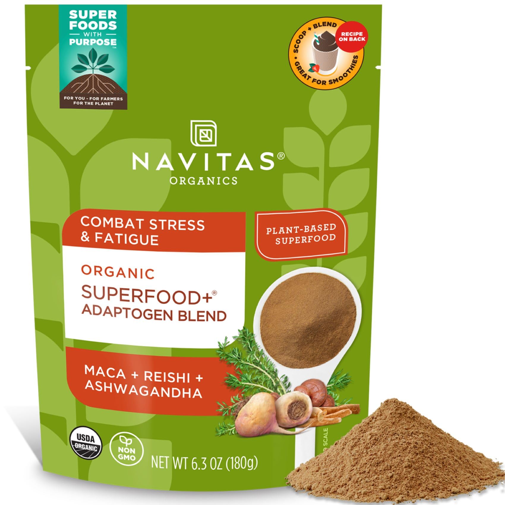 Navitas Organics paquete frontal mostrando marca y beneficio práctico