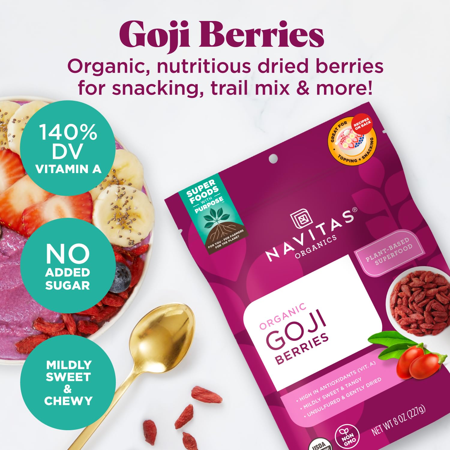 Navitas Organics goji en batido aportando color y nutrientes visuales