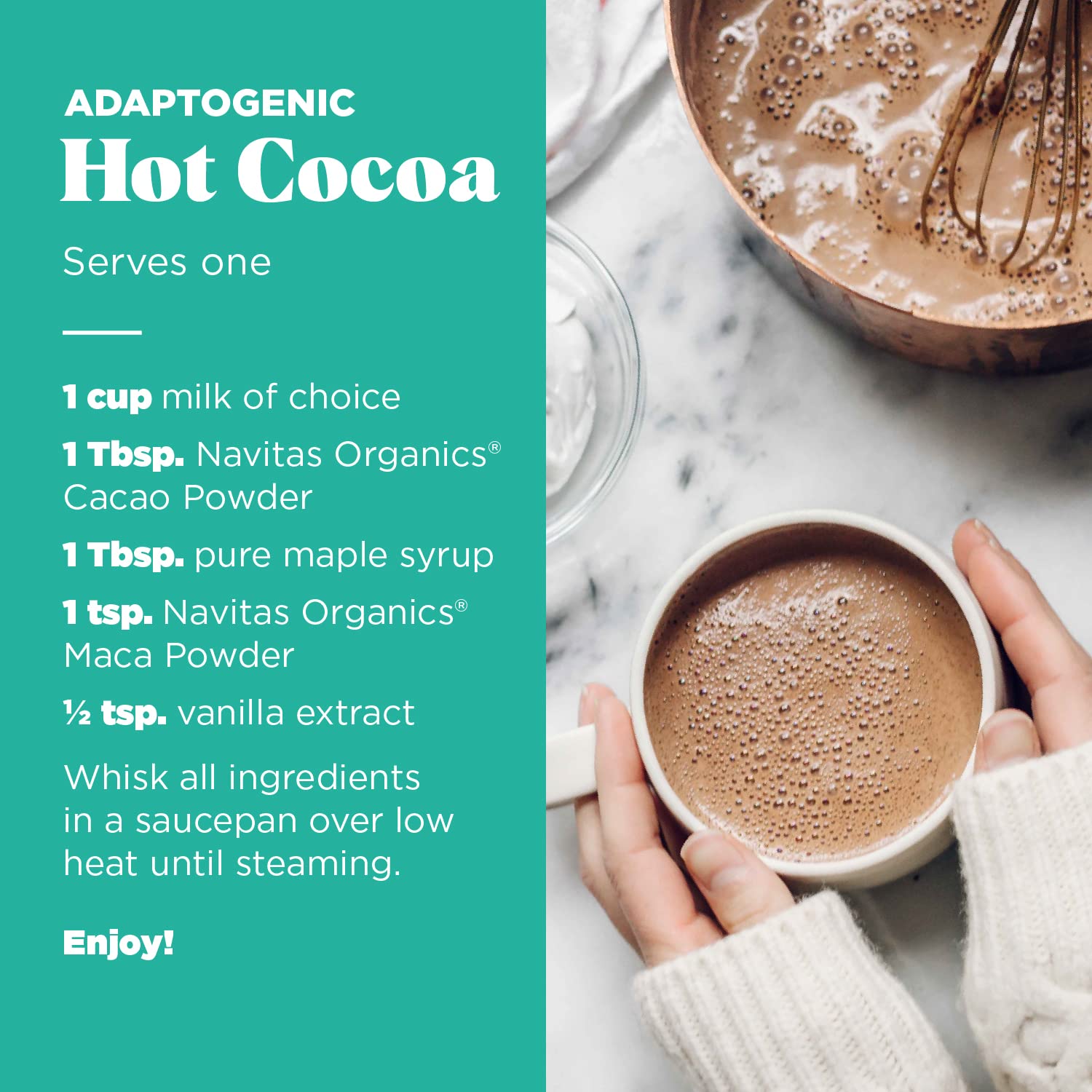 Navitas Organics polvo de maca mezclado en batido, sabor malteado y energía