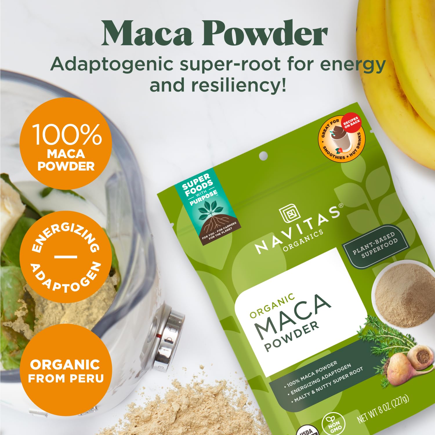 Navitas Organics maca incorporada en smoothie, energía para el día