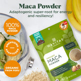 Navitas Organics maca incorporada en smoothie, energía para el día