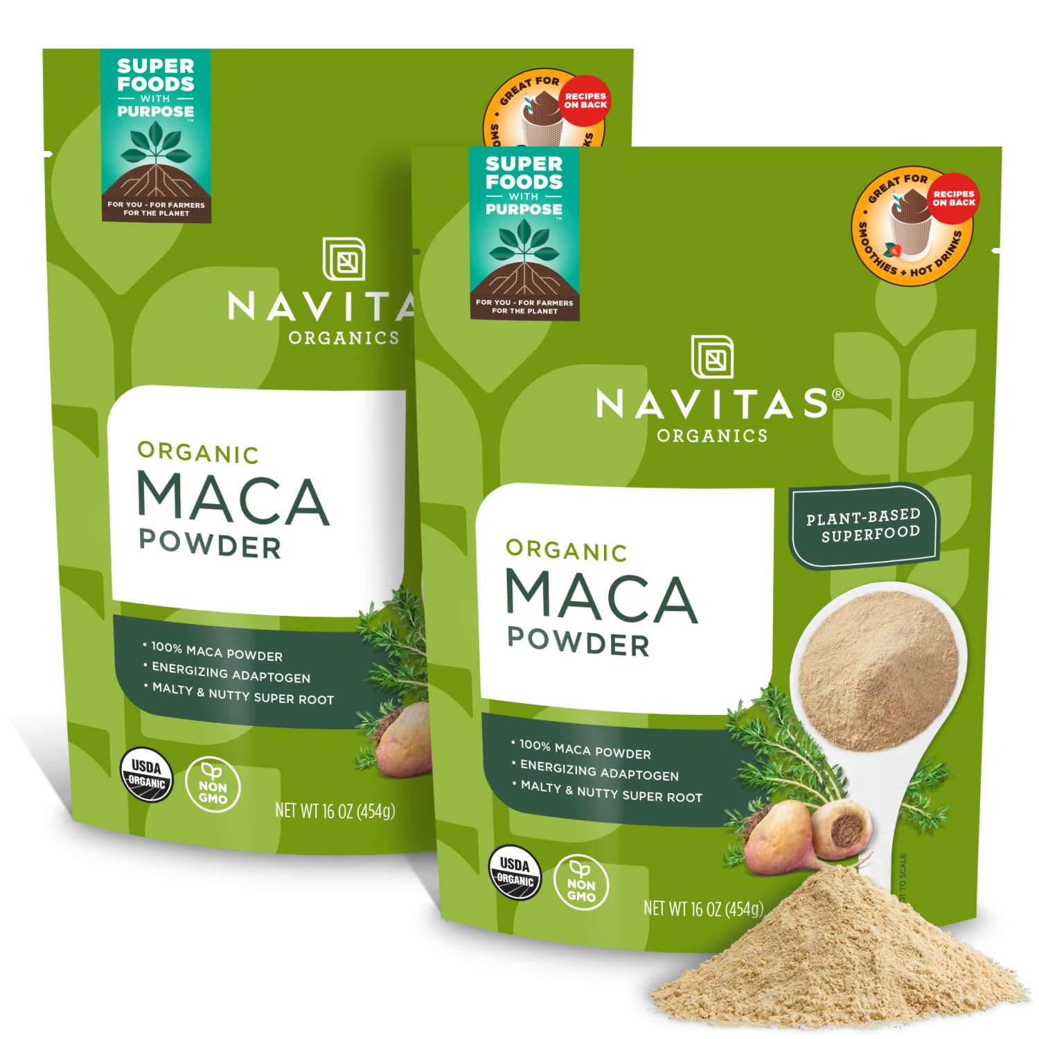 Navitas Organics vista frontal del empaque muestra certificaciones y peso