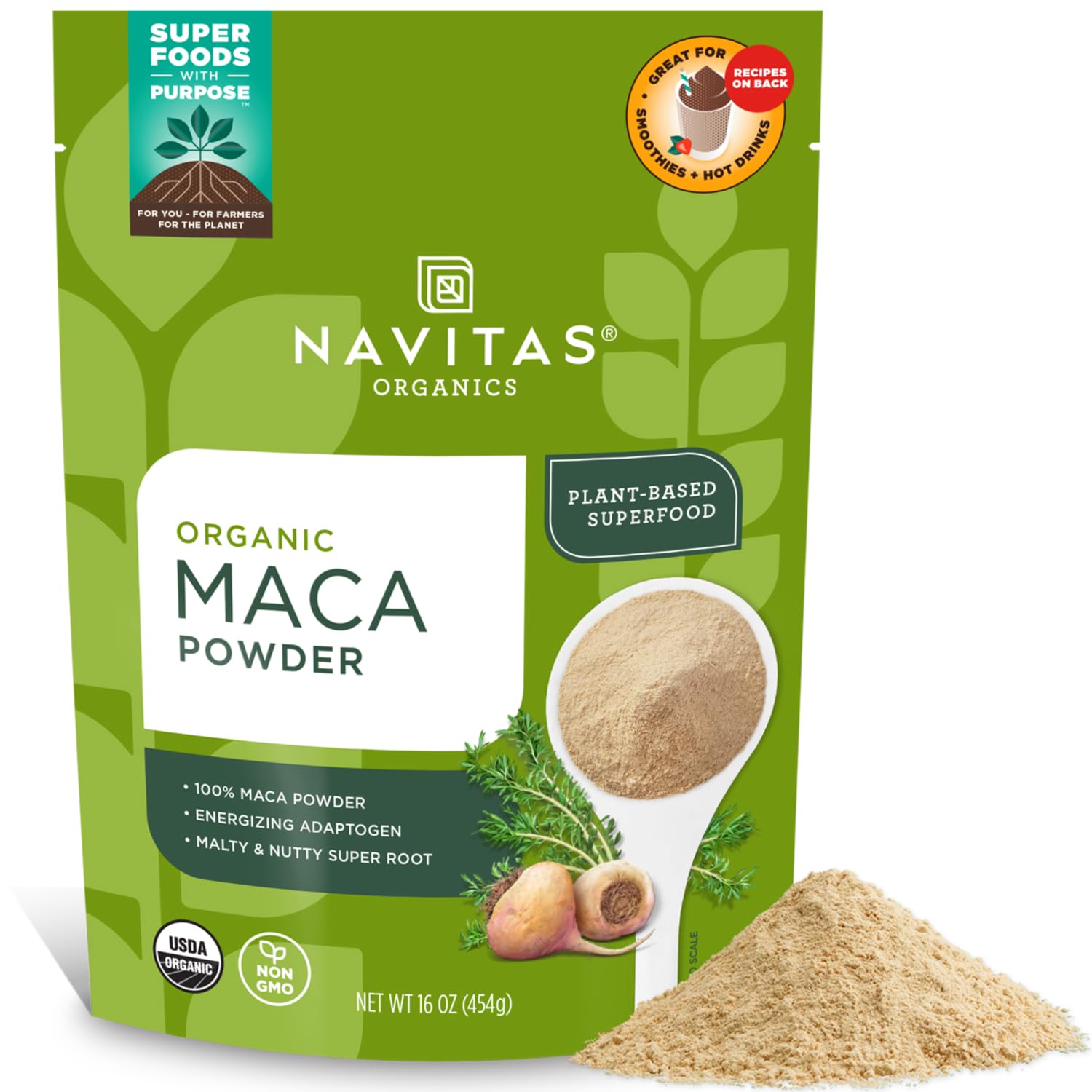 Navitas Organics mostrando el frente del empaque y beneficios orgánicos