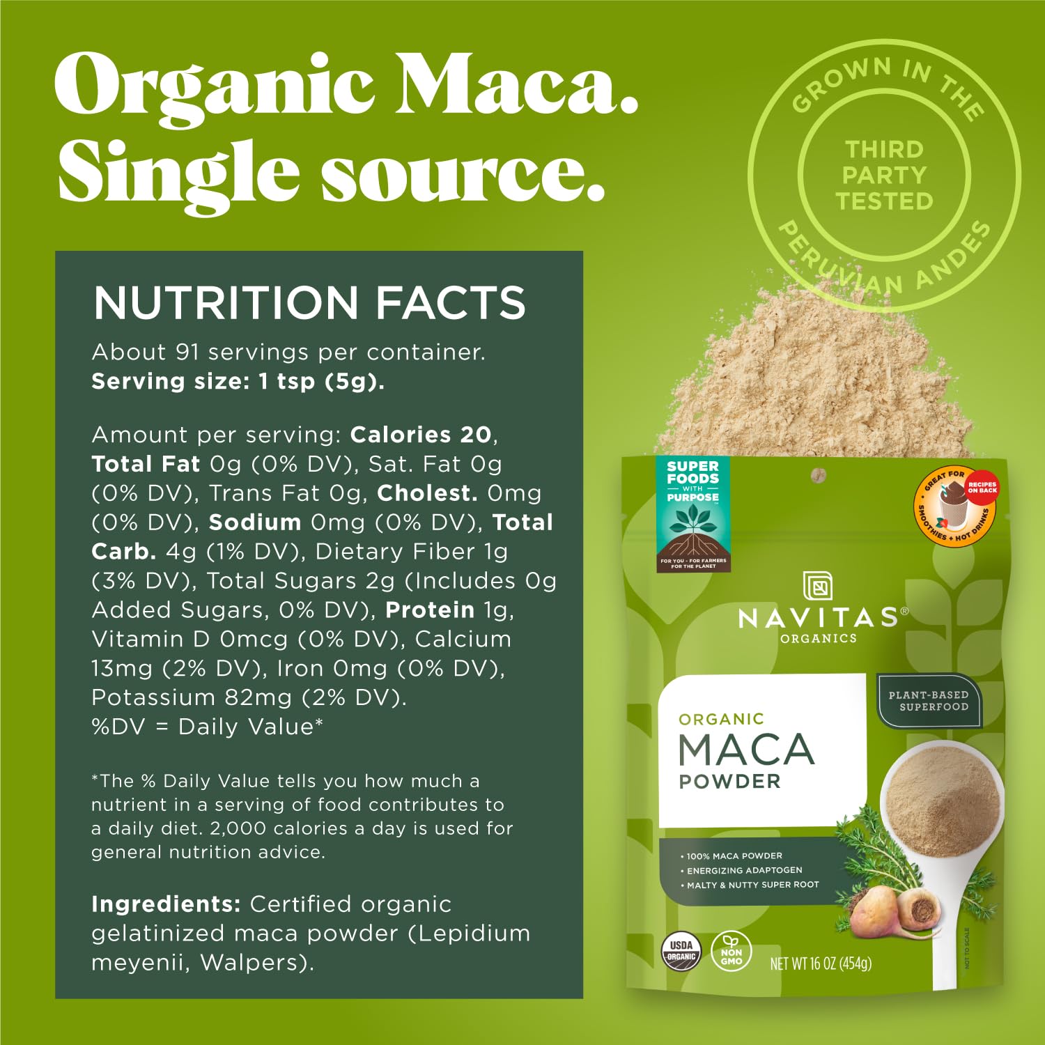 Navitas Organics detalle de la textura de la maca en polvo, fácil mezcla