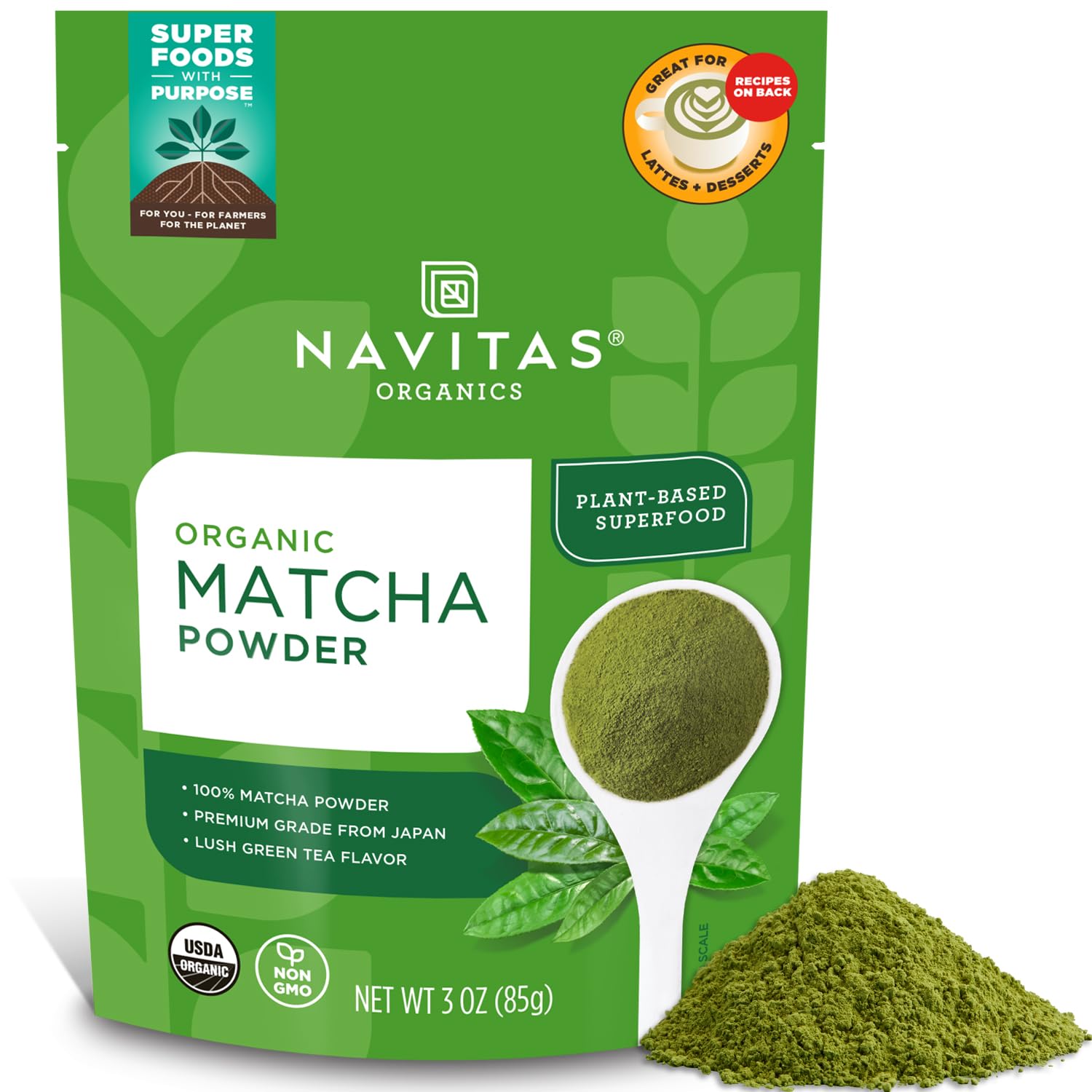 Navitas Organics empaque frontal del matcha mostrando etiqueta orgánica y tamaño