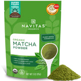 Navitas Organics empaque frontal del matcha mostrando etiqueta orgánica y tamaño