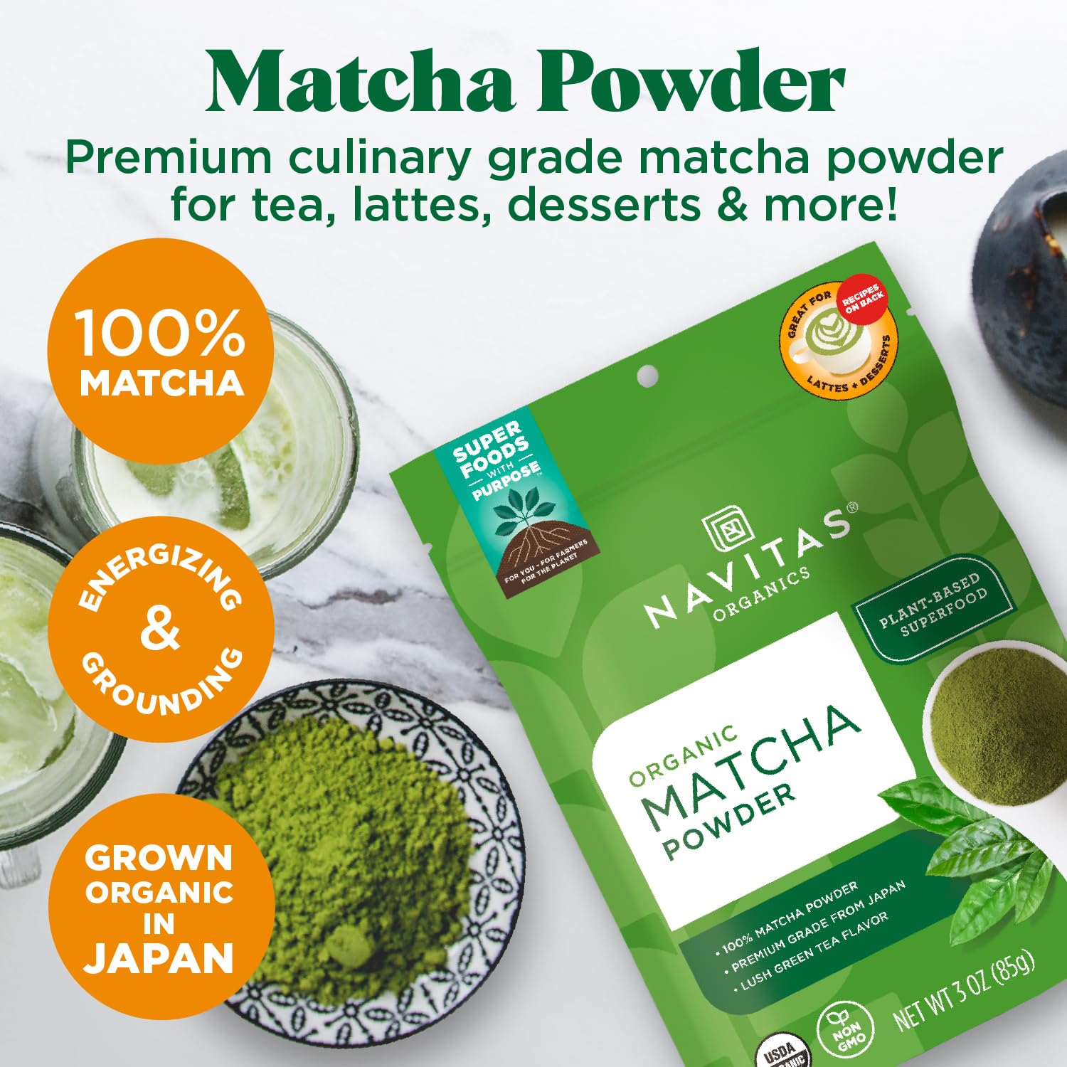 Navitas Organics textura del polvo de matcha, molido fino para disolución rápida