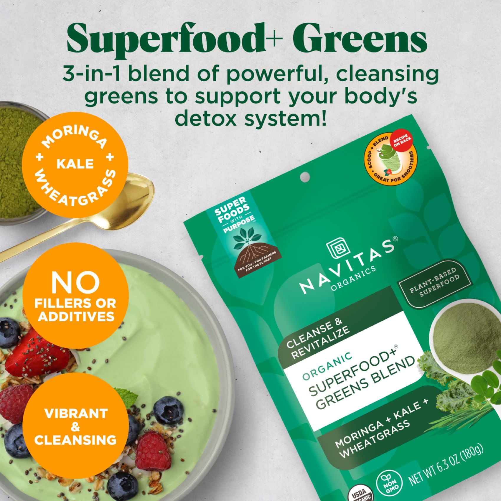 Navitas Organics textura del polvo verde fina para mezclas fáciles