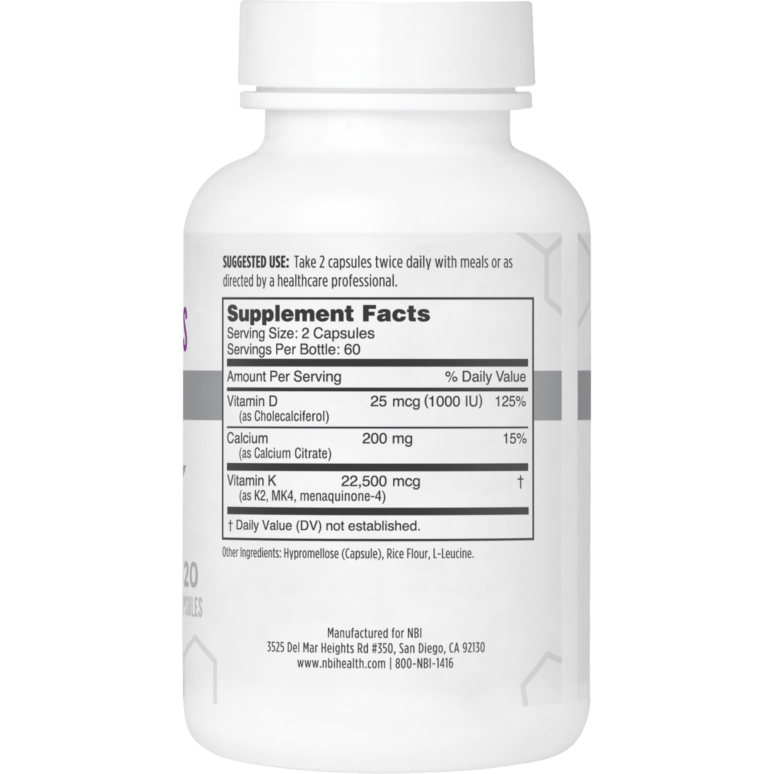 NBI etiqueta con ingredientes citrato de calcio, vitamina D y K2 MK-4 claros