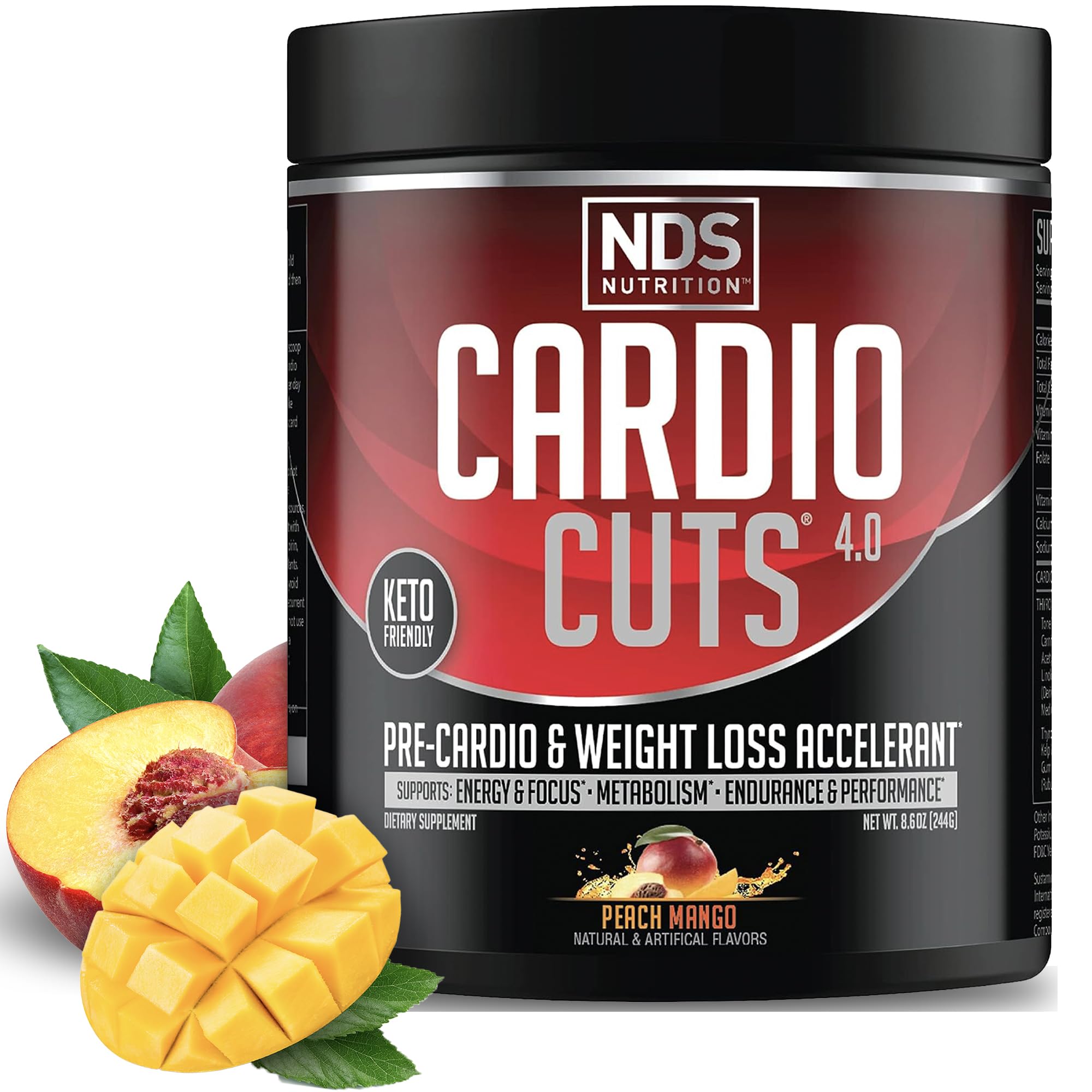 NDS Nutrition envase frontal de Cardio Cuts 4.0 mostrando sabor Peach Mango y beneficios