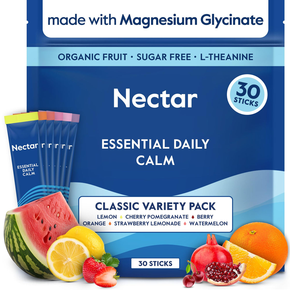 Nectar Calm frente del empaque mostrando 30 sobres y beneficios claros