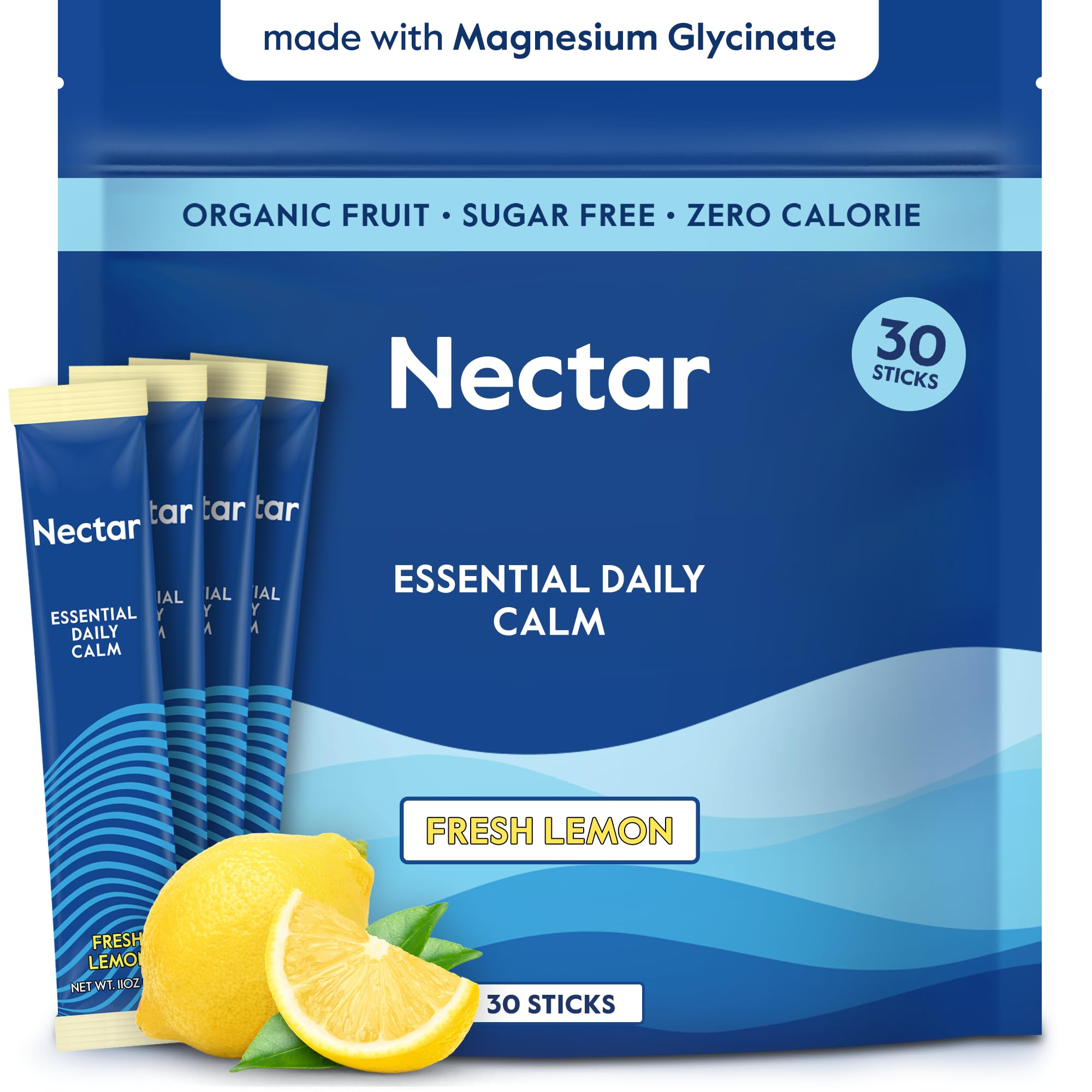 Nectar Calm frontal del empaque mostrando 30 sticks y beneficio relajación