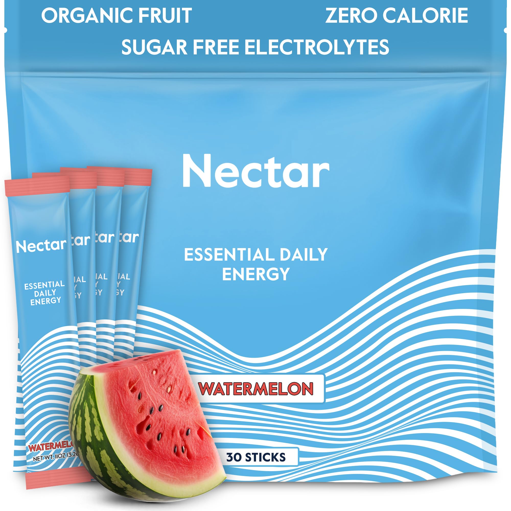 Nectar frente del empaque Watermelon mostrando 30 sobres y beneficios