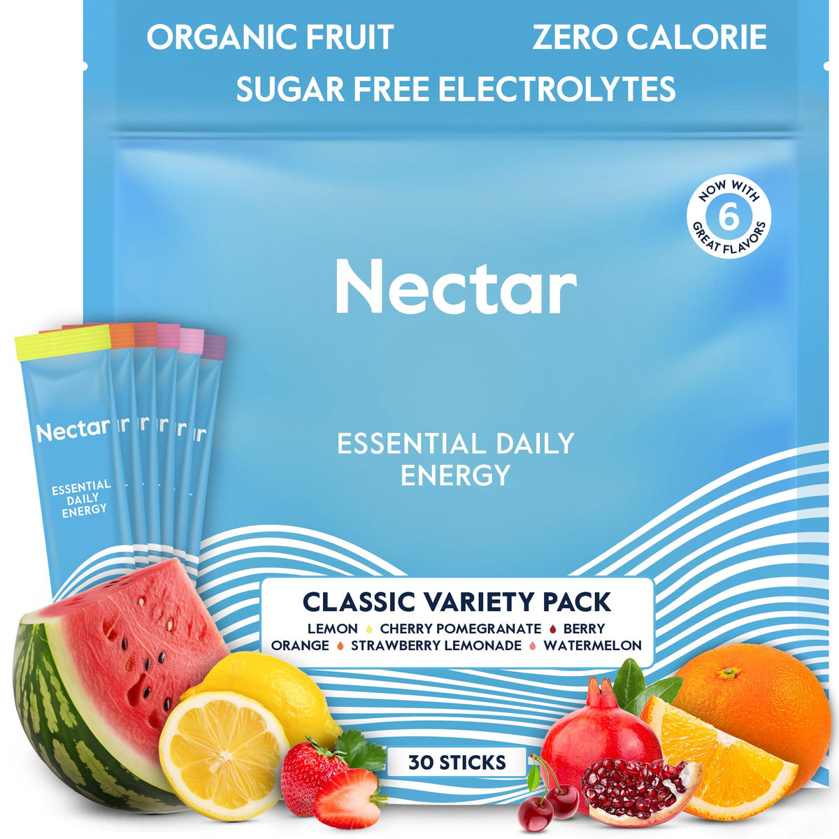 Nectar empaque frontal mostrando 30 sobres y beneficios de energía