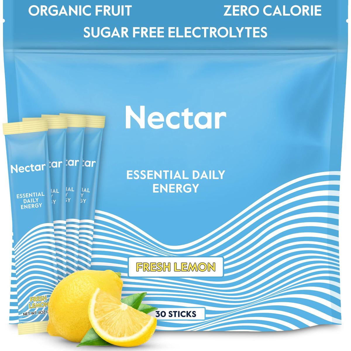 Nectar frente del empaque mostrando 30 sobres y beneficio de conveniencia