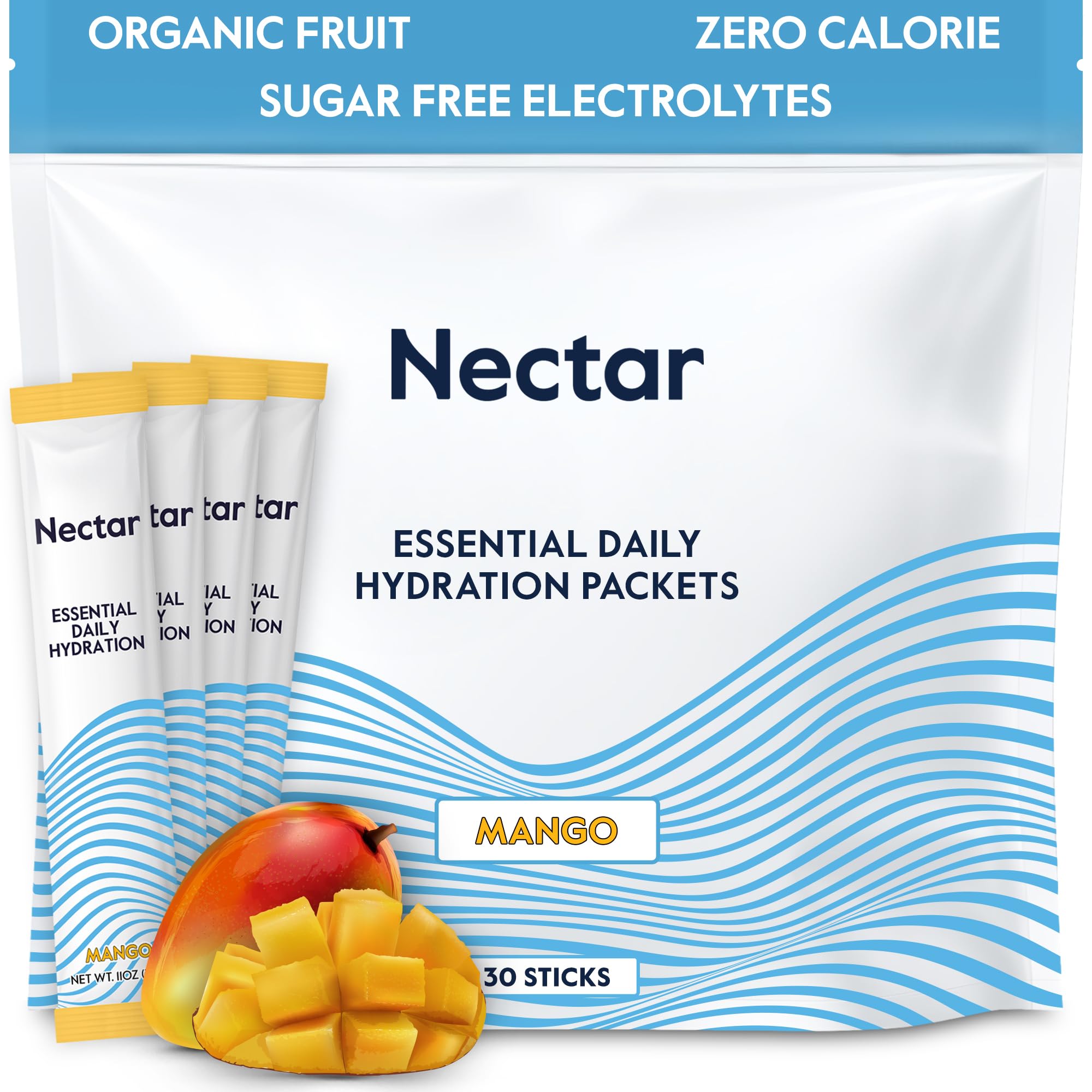 Nectar empaque frontal mango mostrando 30 sobres y beneficio hidratación rápida