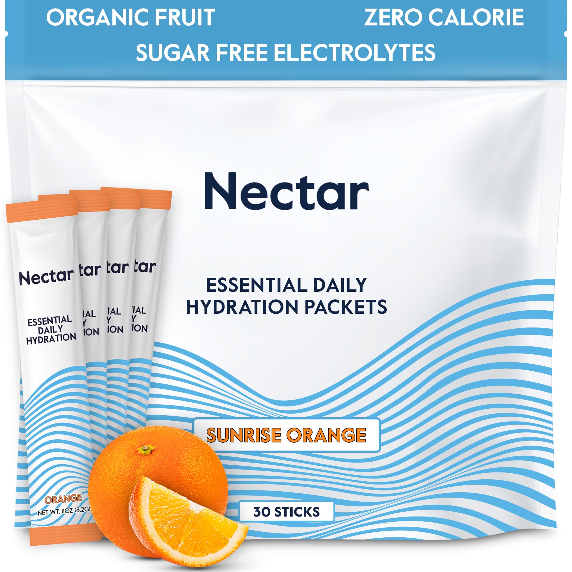 Nectar frontal del empaque mostrando sobres y beneficios de hidratación rápida