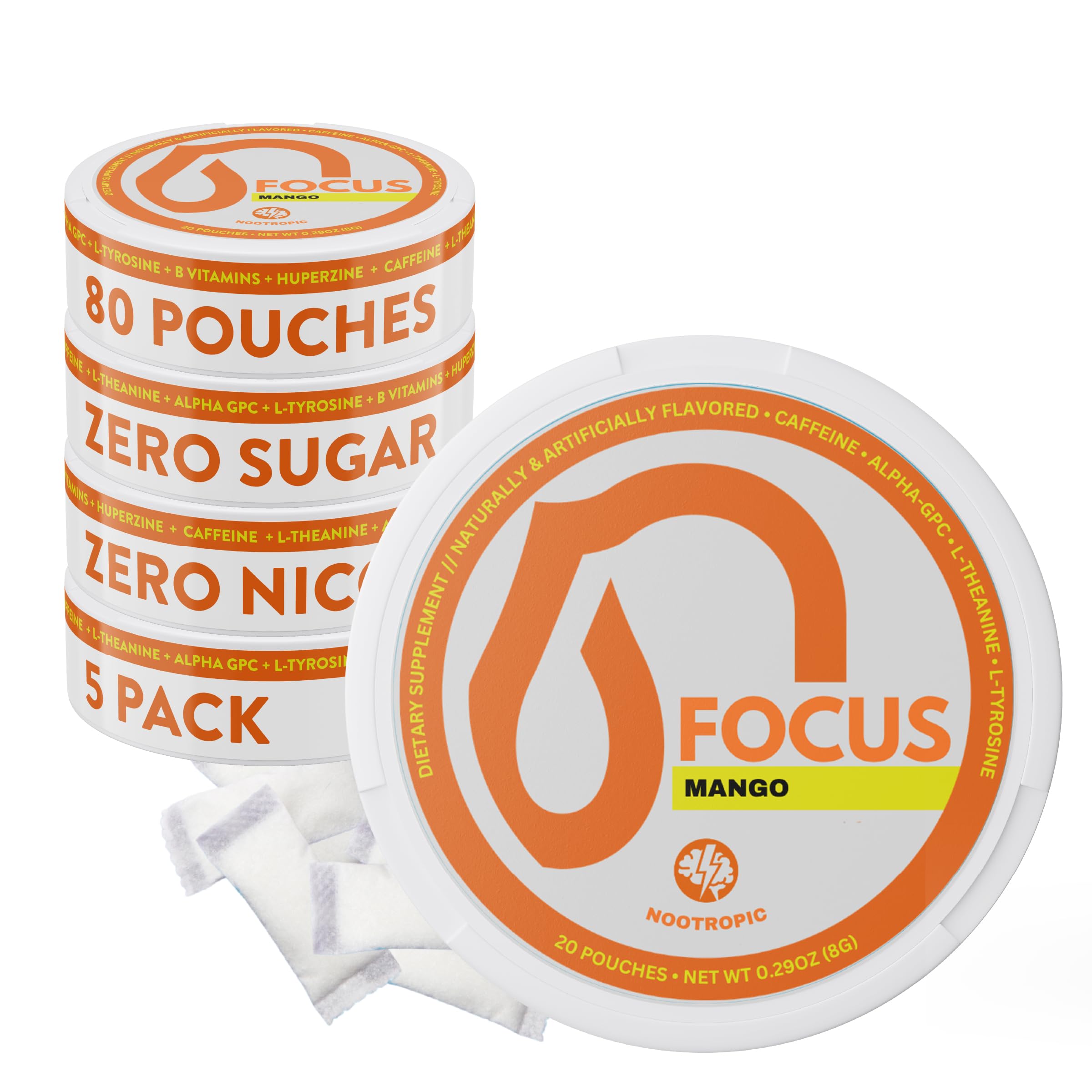 Nectr Focus+ frente del envase mostrando mango y 5 unidades, práctico para llevar