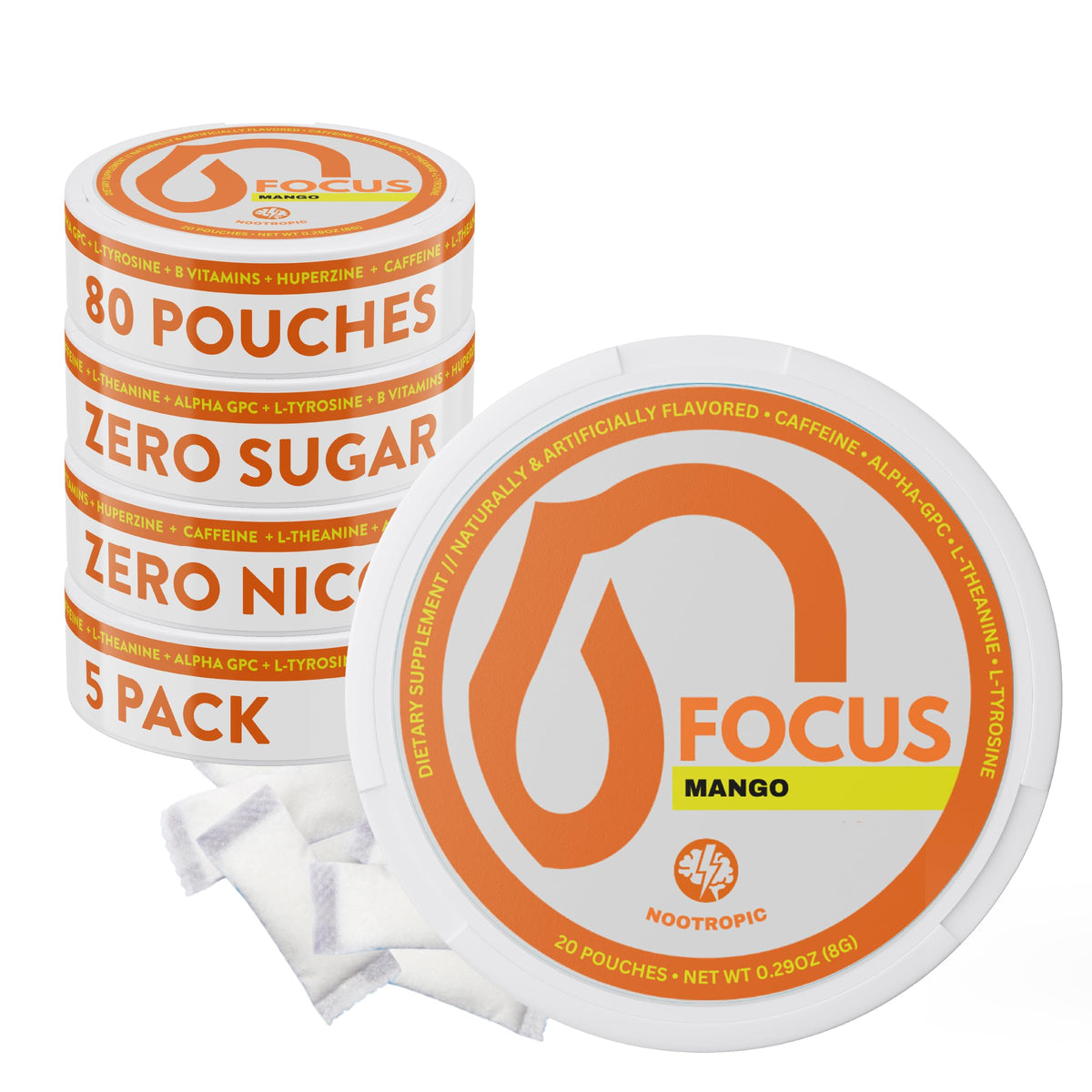 Nectr Focus+ frente del envase mostrando mango y 5 unidades, práctico para llevar