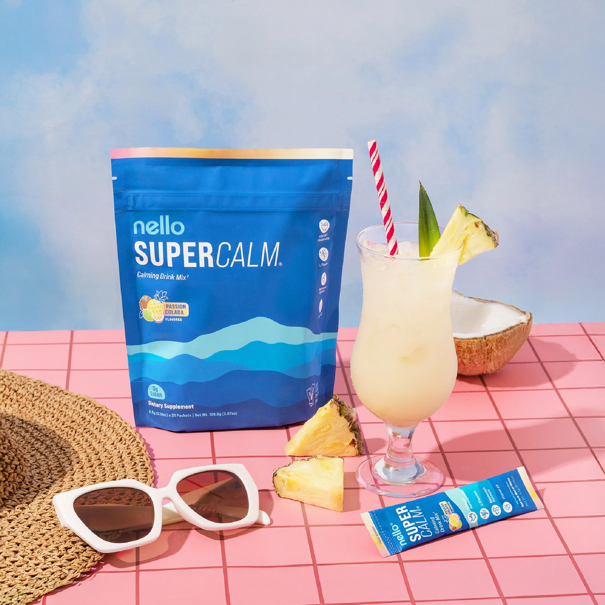 Nello bebida preparada en vaso, sabor Passion Colada y aspecto refrescante
