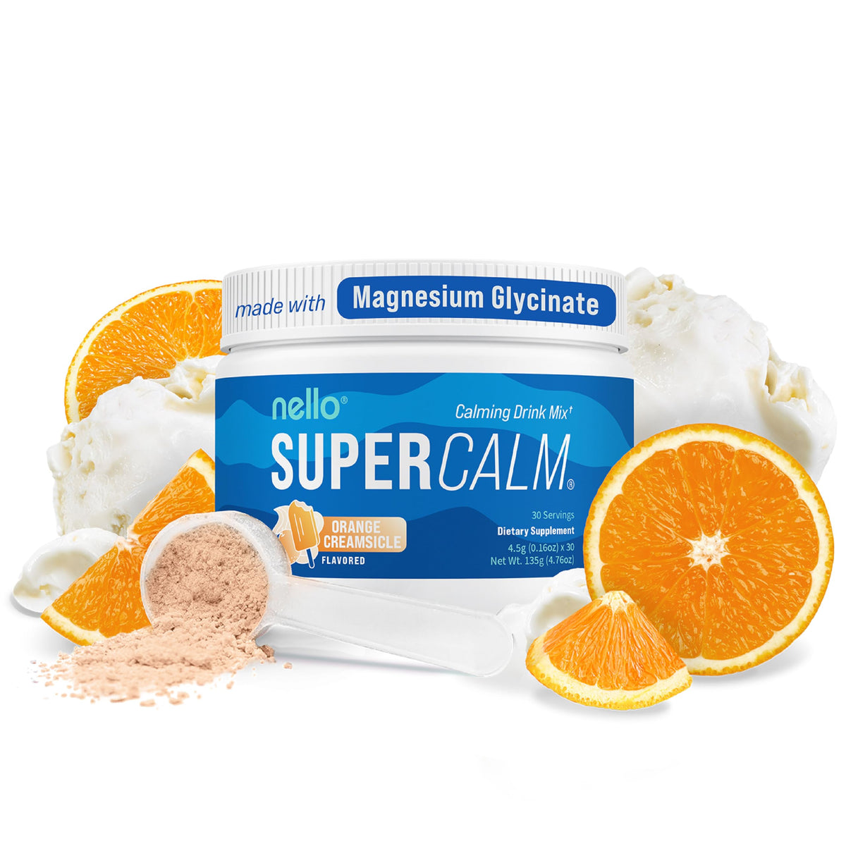 Nello bote Supercalm frontal mostrando diseño y sabor Orange Creamsicle, beneficio conveniencia