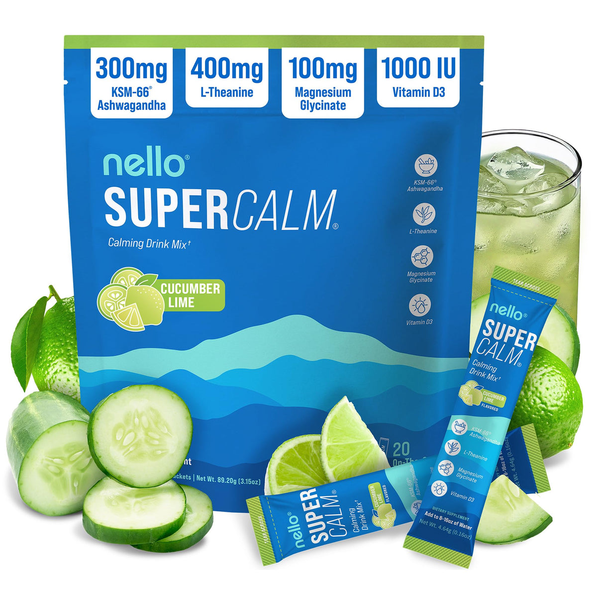 Nello empaque frontal mostrando beneficios y sabor cucumber lime