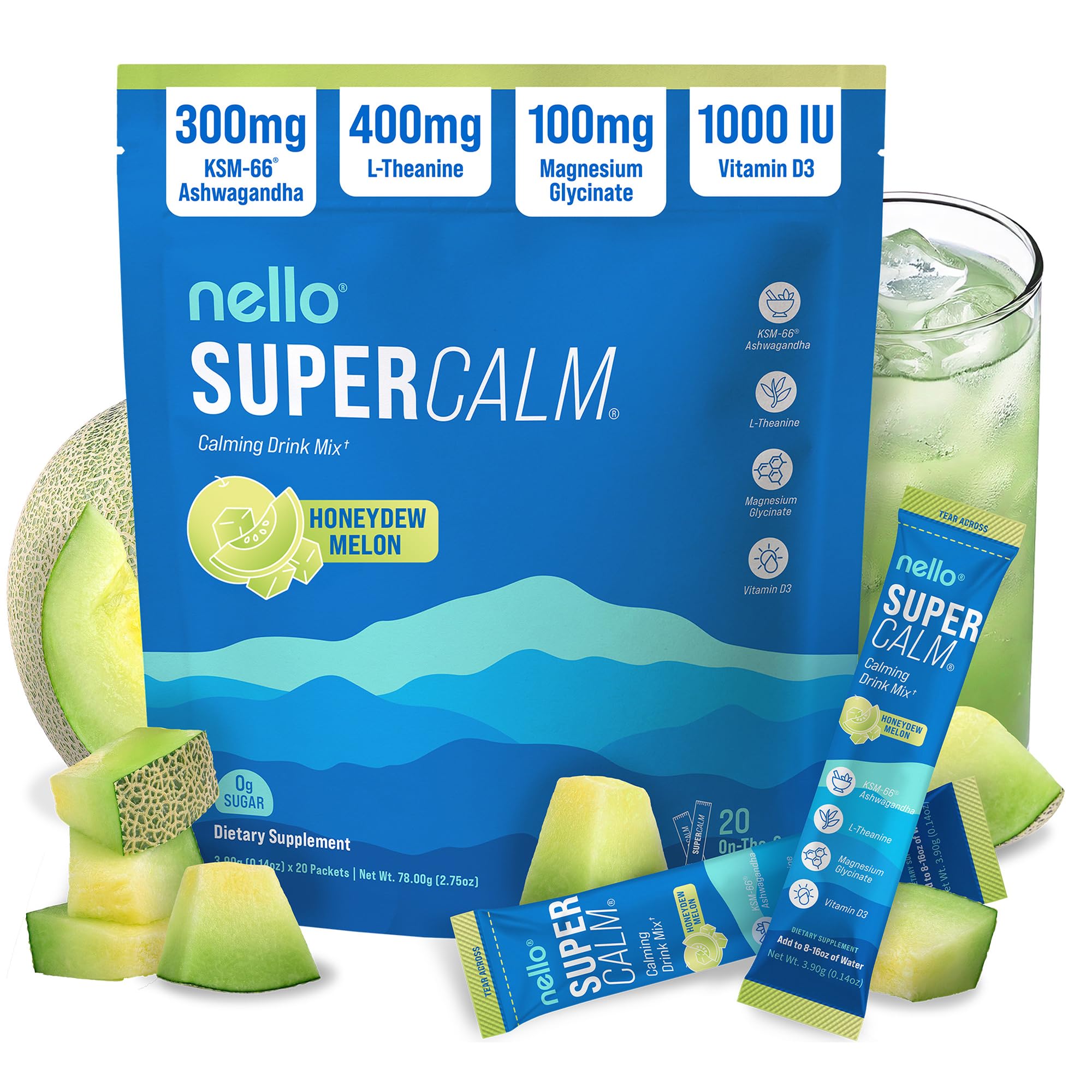 Nello envase frontal mostrando sabor honeydew y beneficios calmantes