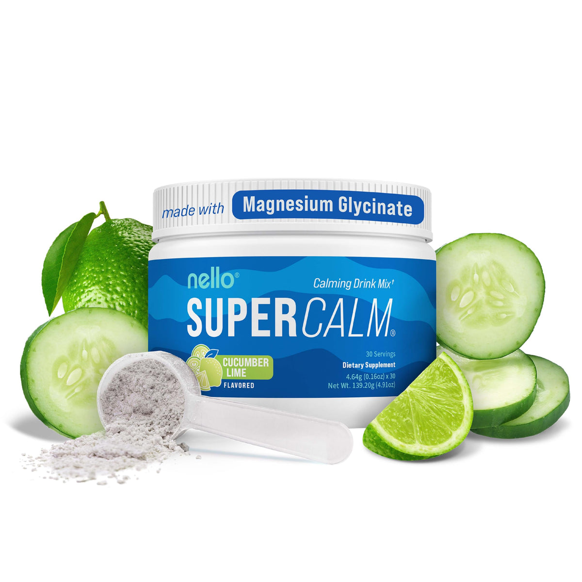 Nello SuperCalm frente del tubo muestra envase y beneficios relajantes