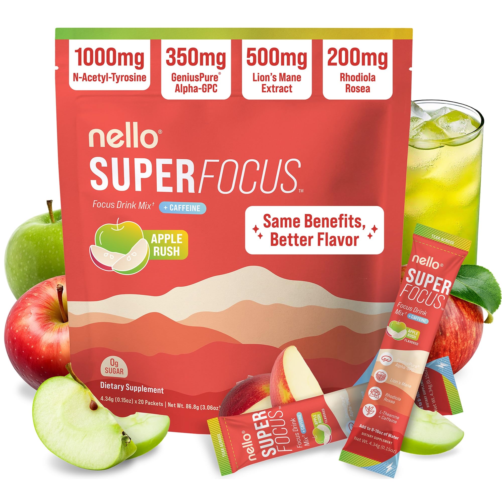 Nello Superfocus frente del paquete mostrando diseño y 20 raciones, ideal para concentración